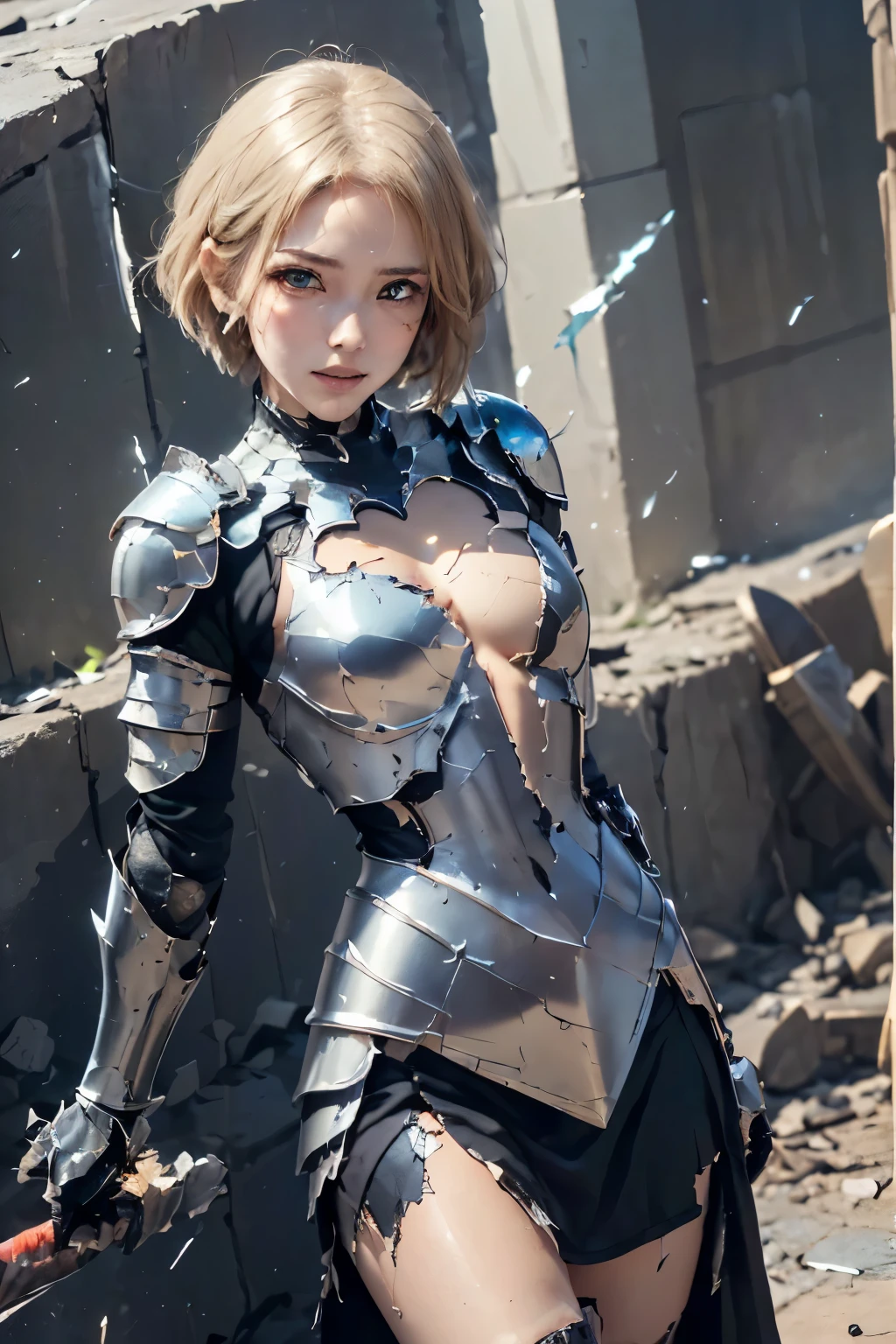 (muste piece:1.3)、(8K、photorealistic、Raw photo、best quality: 1.4)、(solo)、16 year old female of Anglo-Saxon descent、Looking at the camera from below、beautiful face、Beautiful face with perfect symmetry、cute face、wonderful smile、(Beautiful silver hairのbob cut)、Beautiful purple eyes、perfect anatomy、(high detail skin: 1.2)、large and precise breasts、Overflowing cleavage、Beautiful thighs、A woman sitting on a bench with a knife、Beautiful silver hair、bob cut、crossed bangs、asymmetrical bangs、intense violet eyes、perfect anatomy、very mysterious smile、Attractive、超High resolution、Super realistic、extremely detailed、golden ratio、Inspired by Shirow Masamune、mechanical armor girl、Wearing golden metallic armor、Decorated sword、photorealisticなアニメの女の子のレンダリング、Realistic anime 3D style、Epic battle fantasy Natalie、rogue anime girl、bad pose、A big city where you can see the sunset at 6 p.m.、red sunset clouds、vehicle carrying cargo、disorganized、High resolution、ultra sharp、8K、masterpiece、look at viewer、