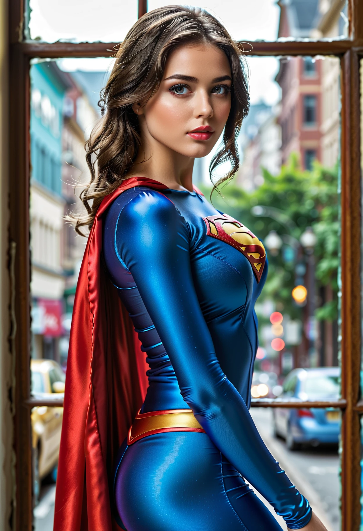 Female, Slim Super woman, comic book, super hero, Superman logo on cheat, blue and red super hero outfit, yellow skirt, strong legs
