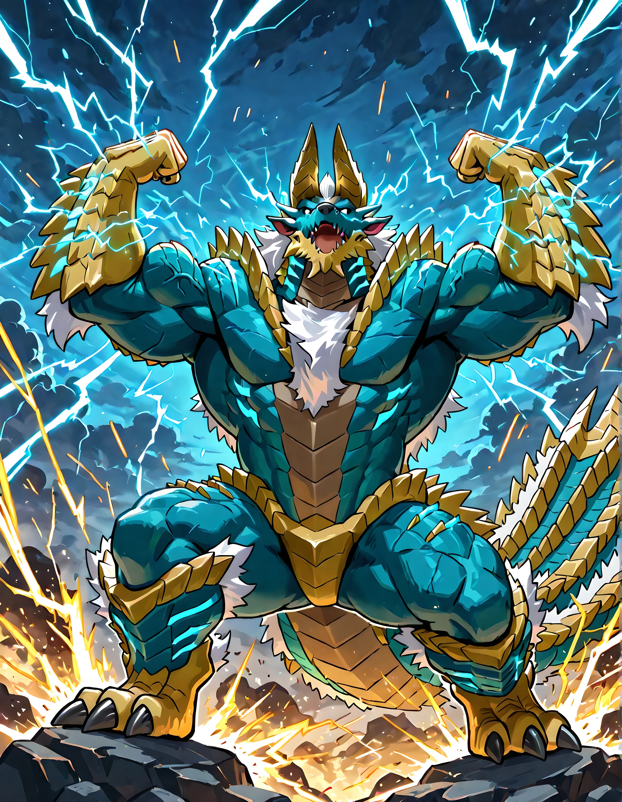 zinogre flexing, zinogre, muscular, high quality, (electricity, sparks)