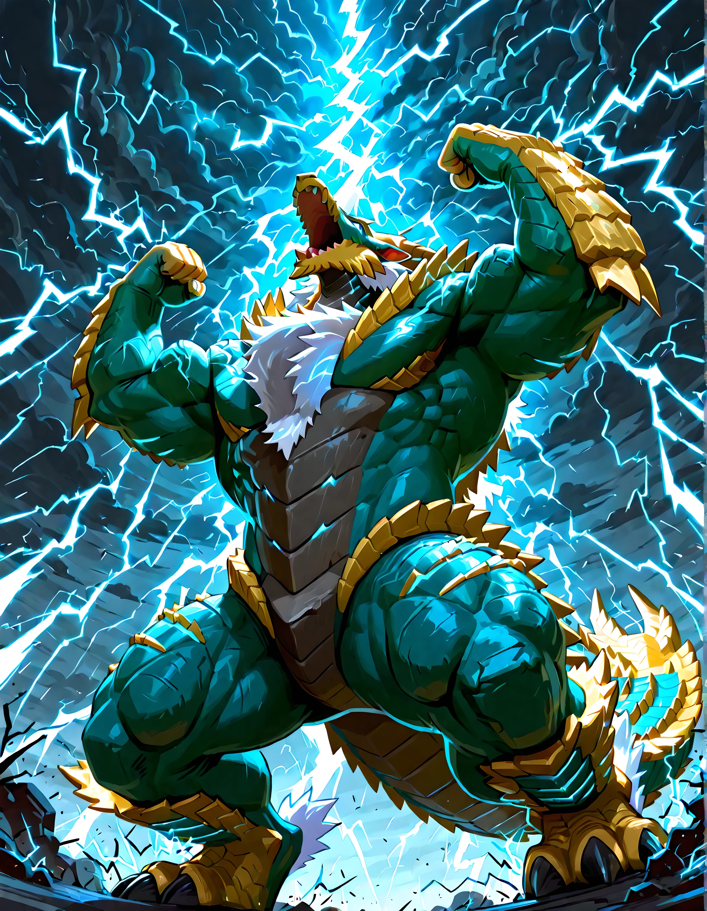 zinogre flexing, zinogre, heavyweight body, very muscular, big body, high quality, (electricity, sparks, thunder), (low-angle shot, from below), roaring