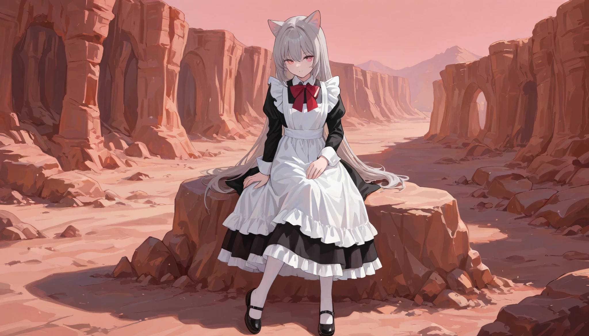 masterpiece, highres, absurdres, newest, very awa, painting \(medium\), (flat color:1.1), curtains, 1girl, solo, grey hair, pink eyes, cat ears, maid, white apron, frilled dress, very long dress, long sleeves, wrist cuffs, red bowtie, white pantyhose, mary janes, sitting, hand on own thigh, arm support, ((background Red Canyon wasteland))
