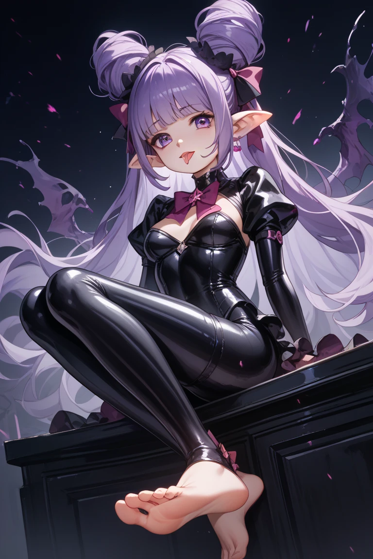 Masterpiece, beautiful art, professional artist, 8k, very detailed face, very detailed hair, very detailed clothes, 1 girl, solo, ((long straight purple hair)), (red_eyes), beautiful_face, long_eyelashes, natural_eyebrows, black latex dress, sitting_on_couch, looking_at_viewer, diamond_earrings, body stocking, large breasts, cleavage, open clothes, pointy ears, horns, pale_skin, flirty smile, succubus tail,skin-covered horns, spreading legs