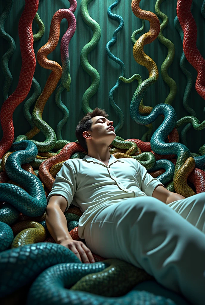 Composition:
A man that full head in a big glass box on a room and under the glass box his neck surrounded a yellow colour big anaconda and he is scared position under the box small small many snack
Backgrounds:
 a wall like a room