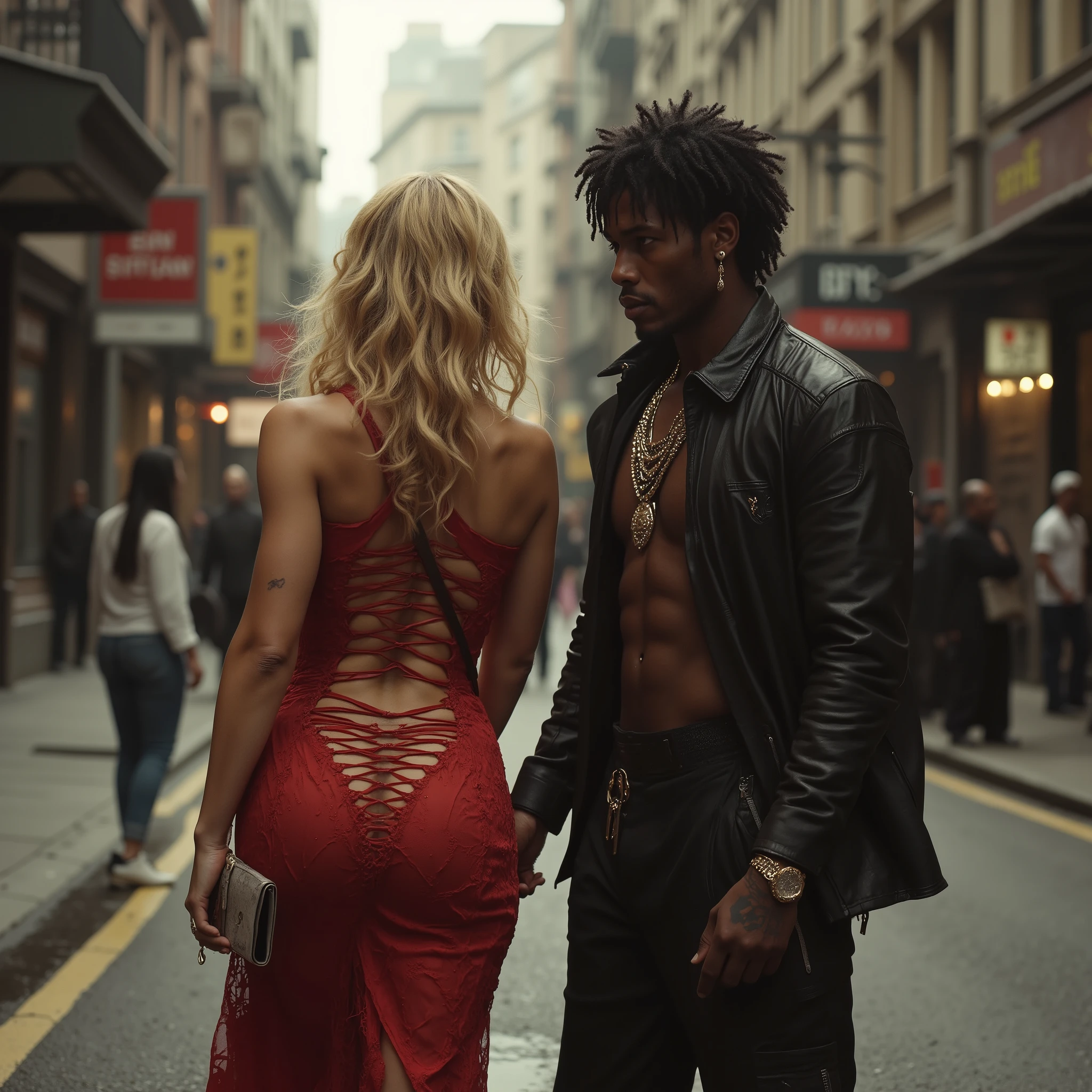 realistic image from behind of a black ager walking down the street with a blonde MILF with a big ass and elegant red dress very suggestive. He is dressed like Thug and has curly hair