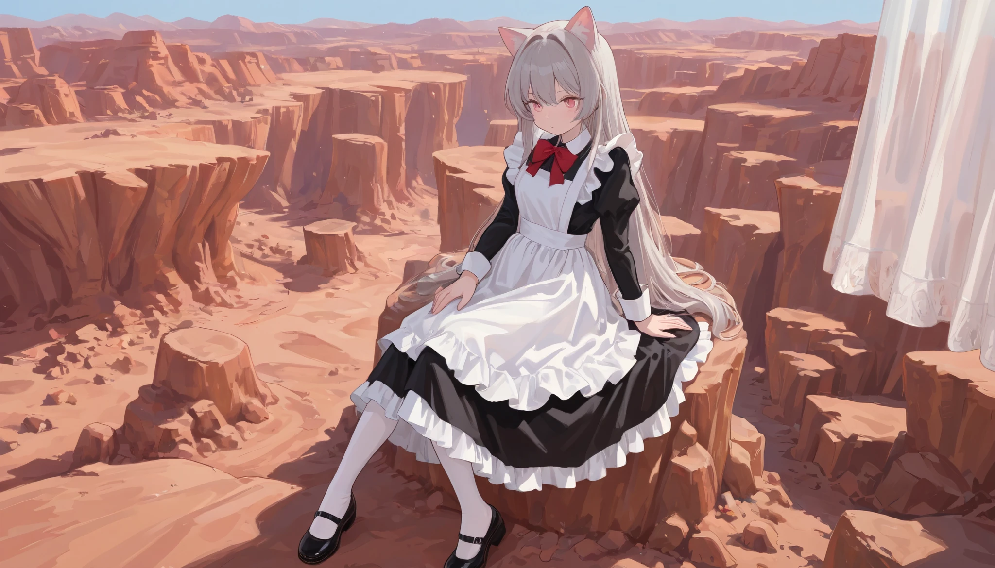 masterpiece, highres, absurdres, newest, very awa, painting \(medium\), (flat color:1.1), curtains, 1girl, solo, grey hair, pink eyes, cat ears, maid, white apron, frilled dress, very long dress, long sleeves, wrist cuffs, red bowtie, white pantyhose, mary janes, sitting, hand on own thigh, arm support, ((background big Red Canyon wasteland )) , blue sky