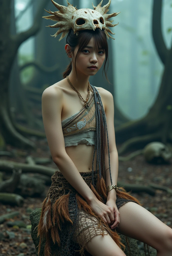 A beautiful Japanese girl with fair skin and angelic features......... She is a teenager、Looks like a slender 12 year old. The girl is wearing an African Tarzan costume, tome'a little embarrassing for her. She has a childish appearance with a flat chest. The setting is the African jungle...,participate in a tribal festival、 The atmosphere in the forest is professional and clean....... ...... The artwork is、Must be realistic, Highly detailed photorealistic quality, high resolution render, Gives a cute and innocent atmosphere. Lighting should be balanced and natural, Beautifully illuminate the scene.、Show nipples、Underpants1becomes a sheet、