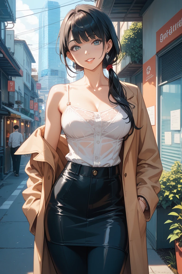 Realistic and detailed image of an elf. Dressed in a Cardigan coat and baggy shirt. Denim mini shorts. Long, silky black hair and long eyelashes. Large breasts, slim waist, very wide hips and thick thighs. Smiling. Back arched. Posing sensually. Park with Ceresos sakura. Volumetric light. Ambient light.