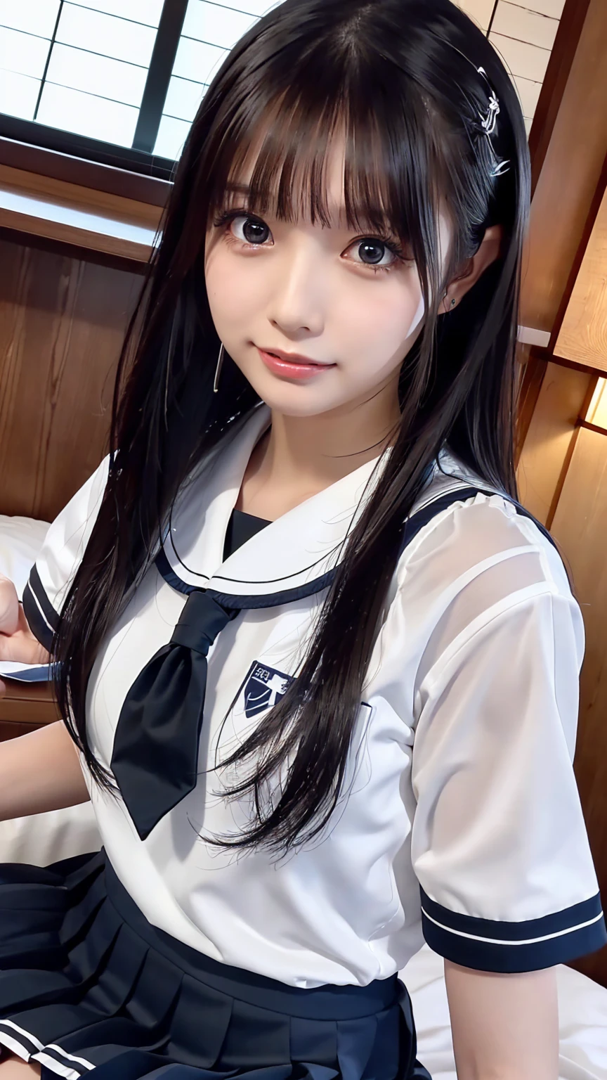 16 years old,high school girl,uniform,Black Hair,bangs,ponytail,Straight hair,Dark Eyes,Small face,Young Face,Clean your eyes,Small Mouth,thin,Young Face,Small breasts,Small breasts,Small breasts,Small breasts,Realistic photos,8k,Mouth slightly open,Ultra HD,whole body,Pure girl,whole body,,White short sleeve blouse,Check Pleated Skirt,smile,classroom,