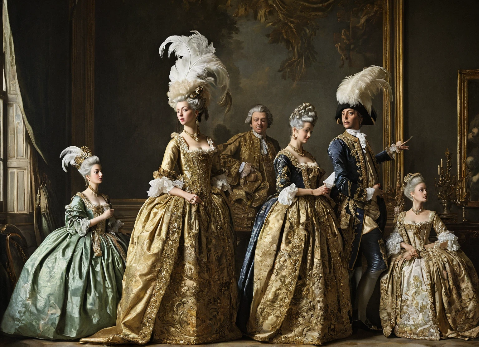 Image as a Jean Louis van loo’s painting oil on canvas Three figures, (ethnicity:1.0), (age:1.1), in elaborate 18th-century-style costumes, (detailed clothing:1.3), (accessories:1.3), (facial features:1.2), (expression:1.1), (body type:1.1), (pose:1.2), arranged in a horizontal row, positioned slightly staggered, with each figure centered in their respective thirds of the image's width. The figures are facing slightly forward, with a three-quarter profile view. The figures' elaborate gowns, (detailed clothing:1.3), feature black Baroque patterns on rich dark fabrics, adorned with delicate gold/bronze decorative elements. Large, dramatic, feathered rococó high white wig with light grey-white feather accents are on each figure, and each figure wears a venethian black eye mask like a bauta. Each hand holds what looks like a decorative fan, (detailed design:1.2), and they are holding them in front. The costumes have cascading, ruffled details and flowing fabrics. The background is aristocratic ambient of 18th century whit sculture and velvet curtunais .The composition is symmetrical and balanced. The lighting is soft, evenly distributed, with a muted palette of olive greens, browns, and muted golds, creating a formal, historical atmosphere. The style is akin to a period fashion illustration, (historical accuracy:1.1), (detailed rendering:1.2), (photorealistic style:1.1), and carefully detailed painting oil on canvas by hyacinthe rigaud, oil on canvas, court of Versailles