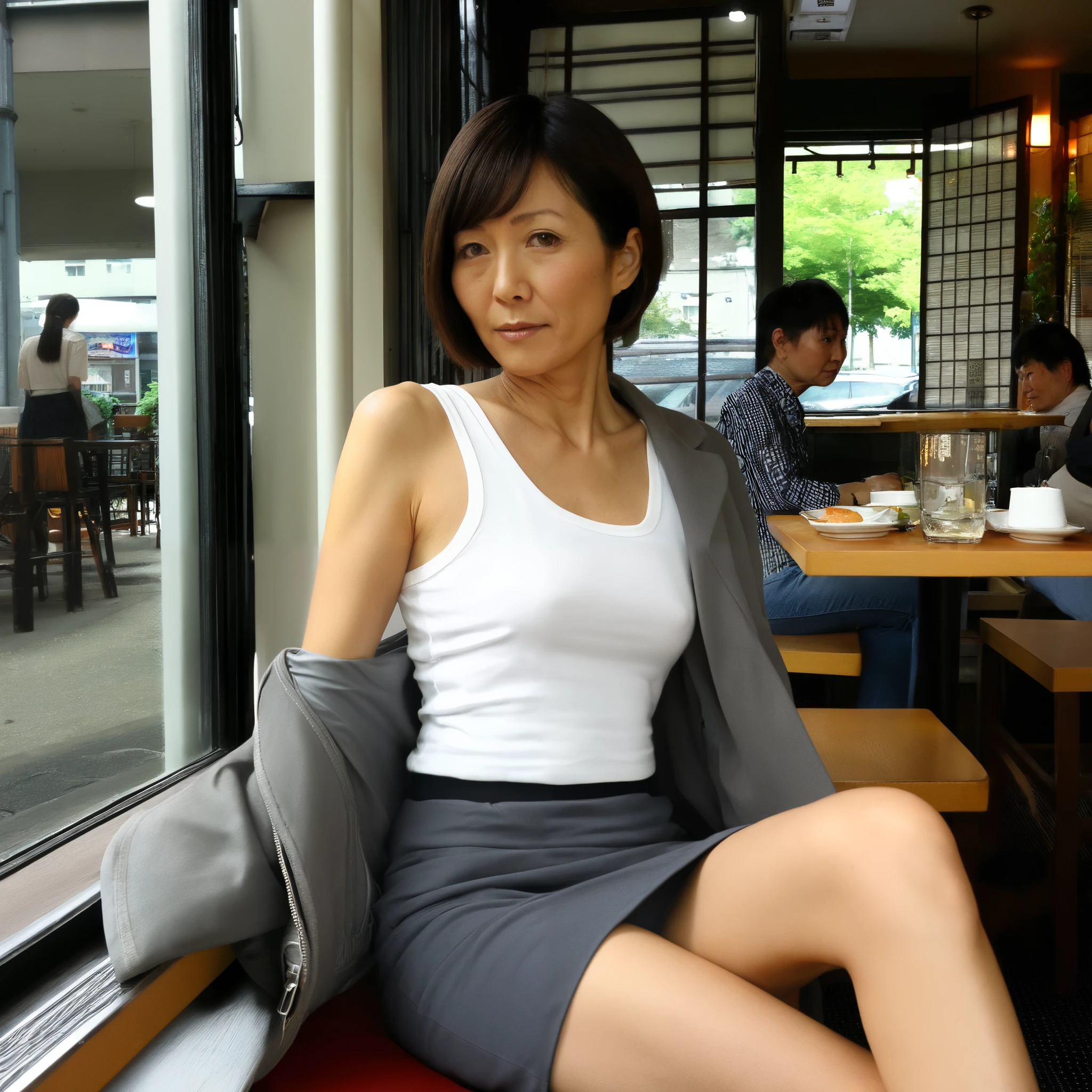 40-year-old Japanese woman、 Skinny Body 、very short hair、white tank top、gray jacket、Wearing a gray skirt、Restaurant window seat、looking here