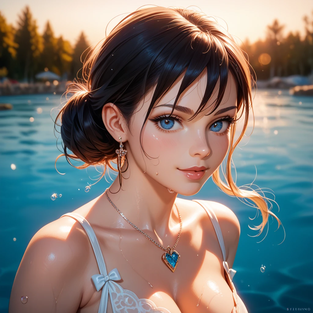 A cute woman (battered and a little bruised, damaged disheveled Geisha outfit), floating on the surface of the water, burning debris of a wooden ship all around her
