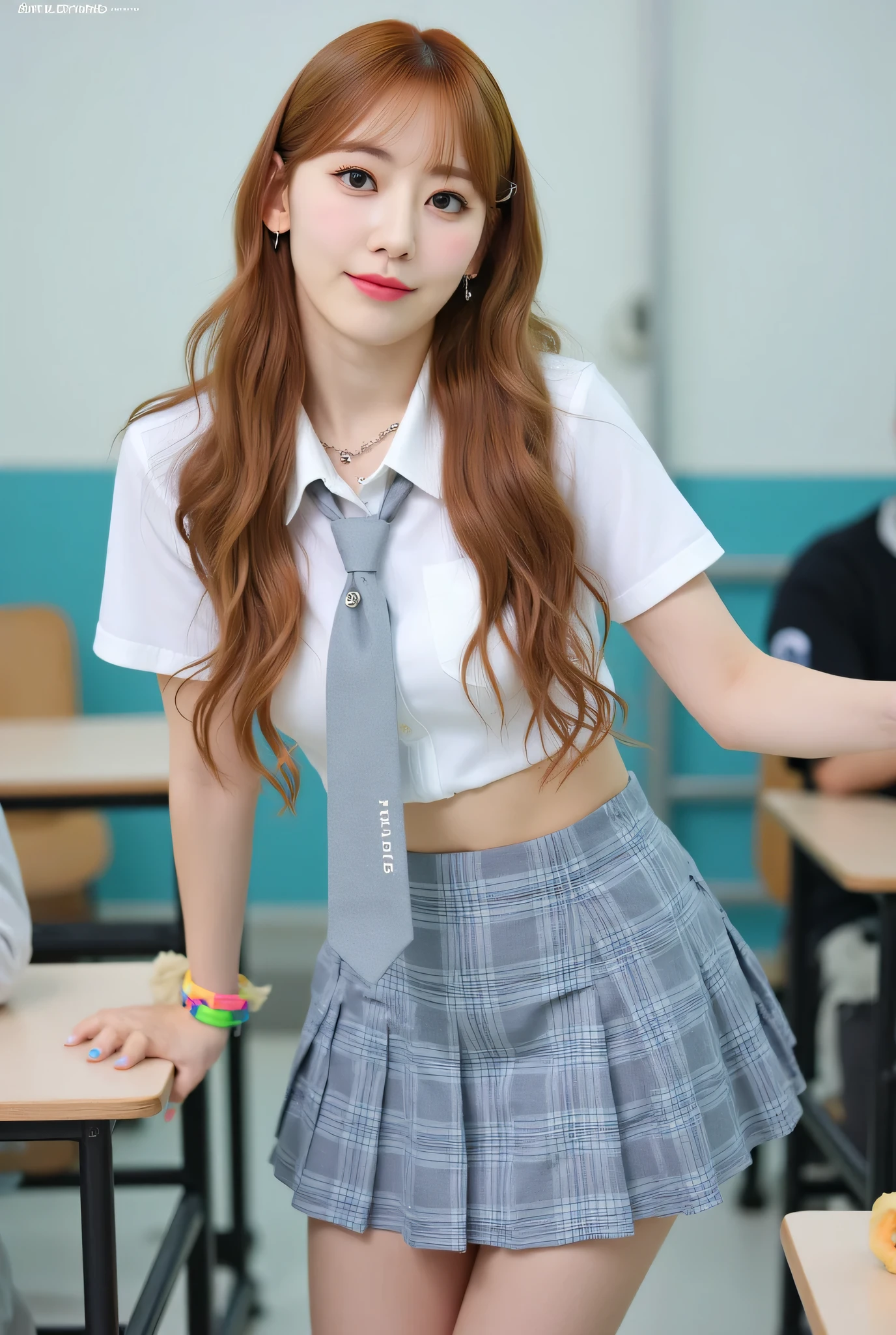 Best quality, 8k, masterpiece, super high resolution, (photorealistic: 1.4), RAW photo, (Caramel Hair、Bright and long hair ), (sexy school uniform:1.2),(school uniforms:1.3), (beige solid-color clothes around waist:1.5), (knot on waist:1.3), (white collared-shirt:1.4),slim abs: 1.1, (((standing leaning forward in Classroom with legs spread + chest))), ((white collar, unbutton, short sleeve):1.2),((Beautiful breasts)),((wearing a tie with horizontal stripes in cyclamen pink and grey)),((wearing loose socks)), (Light blue and grey plaid-pattern pleated-skirt:1.3), ((bare stomach, navel, collarbone, emphasize breast cleavage):1.4), ((necklace, colorful bracelet, X hair ornament):1.2),((Full body image)), ((School classroom)),((You can see her belly button)),