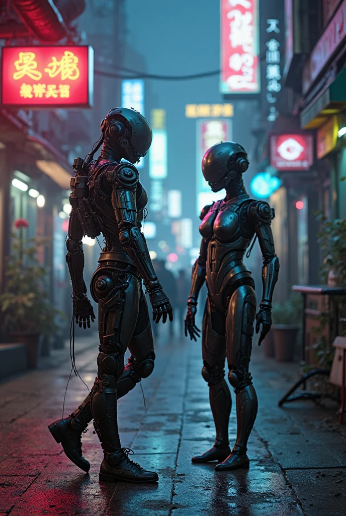 Hotel,working robots,cyber,realistic,dark hotel background with colourfull.