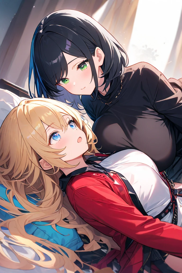 Girl with red eyes and blonde hair hugging girl with black hair and green eyes