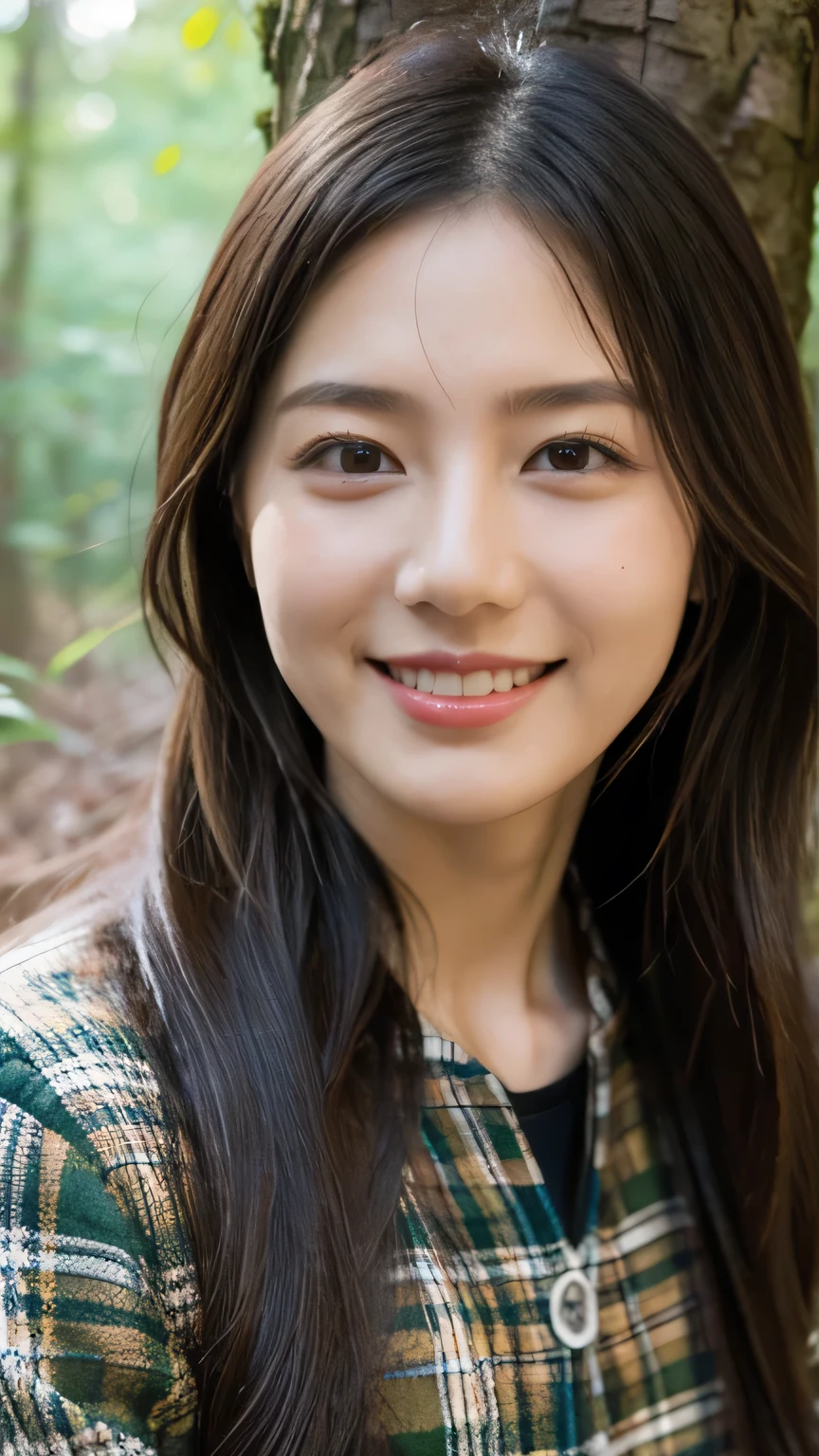 one girl、 masculine style images 、 in the woods、smile