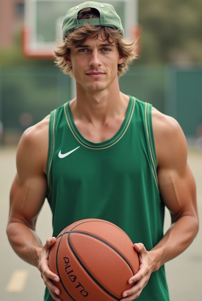 a lean skinny shirtless 18-year old caucasian boy wearing white basketball shorts, crewcut blonde hair, cute face, blue eyes, tanned skin, smiling, drenched with sweat, sweating profusely, half-body, playing basketball in the outdoor basketball court