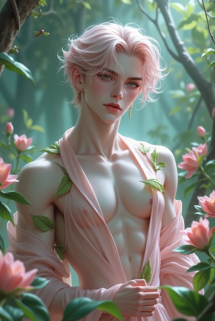 (8k,photorrealistic RAW photograph Maximum quality;1.4) (1 Italian boy) Super handsome prince of the underworld (lifelike face) (white and pink mixed hair, long hair in the wind) slenderbody Muscular and macho large blue eyes White and pink mixed aristocratic outfit flower decoration Fangs peeking out of the mouth Pointed claws a seductive gaze Beautiful expression A hyper-realistic (King of the Underworld) appealing (real looking skin) super high resolution high détail White and pink mixed pants Aura of flowers emanating from the body effect white cloak mixed with pink