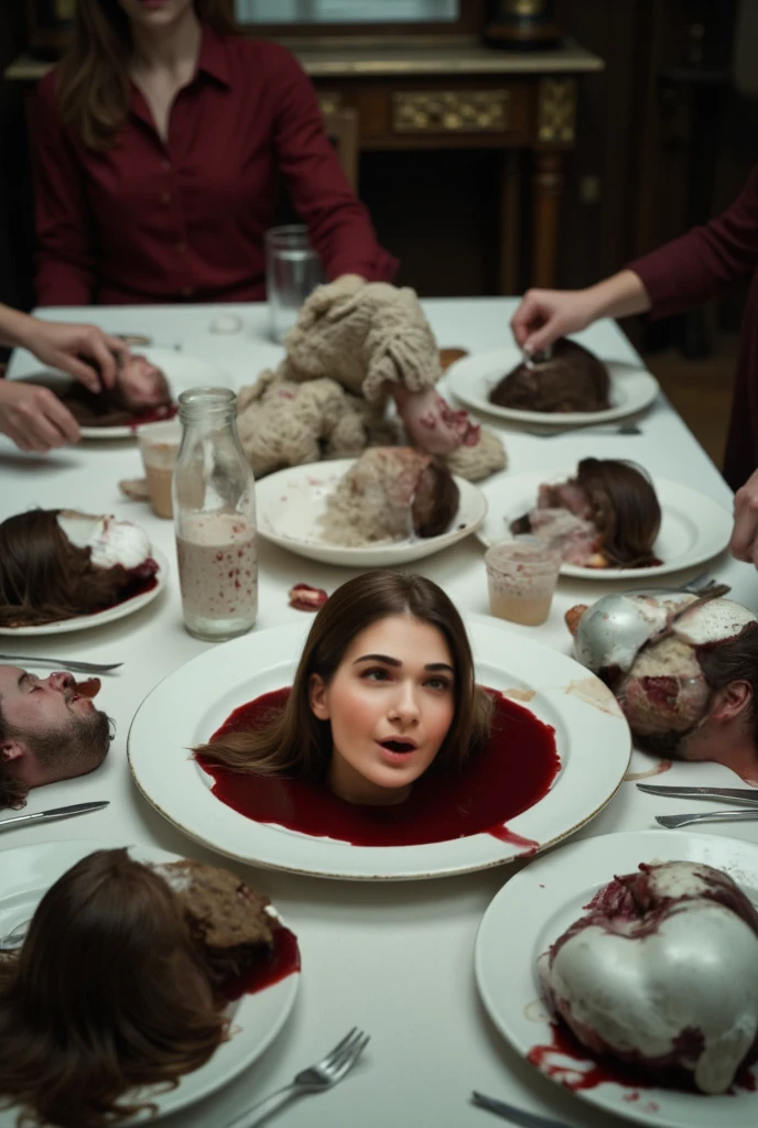 decapitated female head on a plate, covered in flesh, full of blood, ((eyes closed)), served like a food dish, bloody, photorealistic, 4K, Nikon, horror, ahegao face