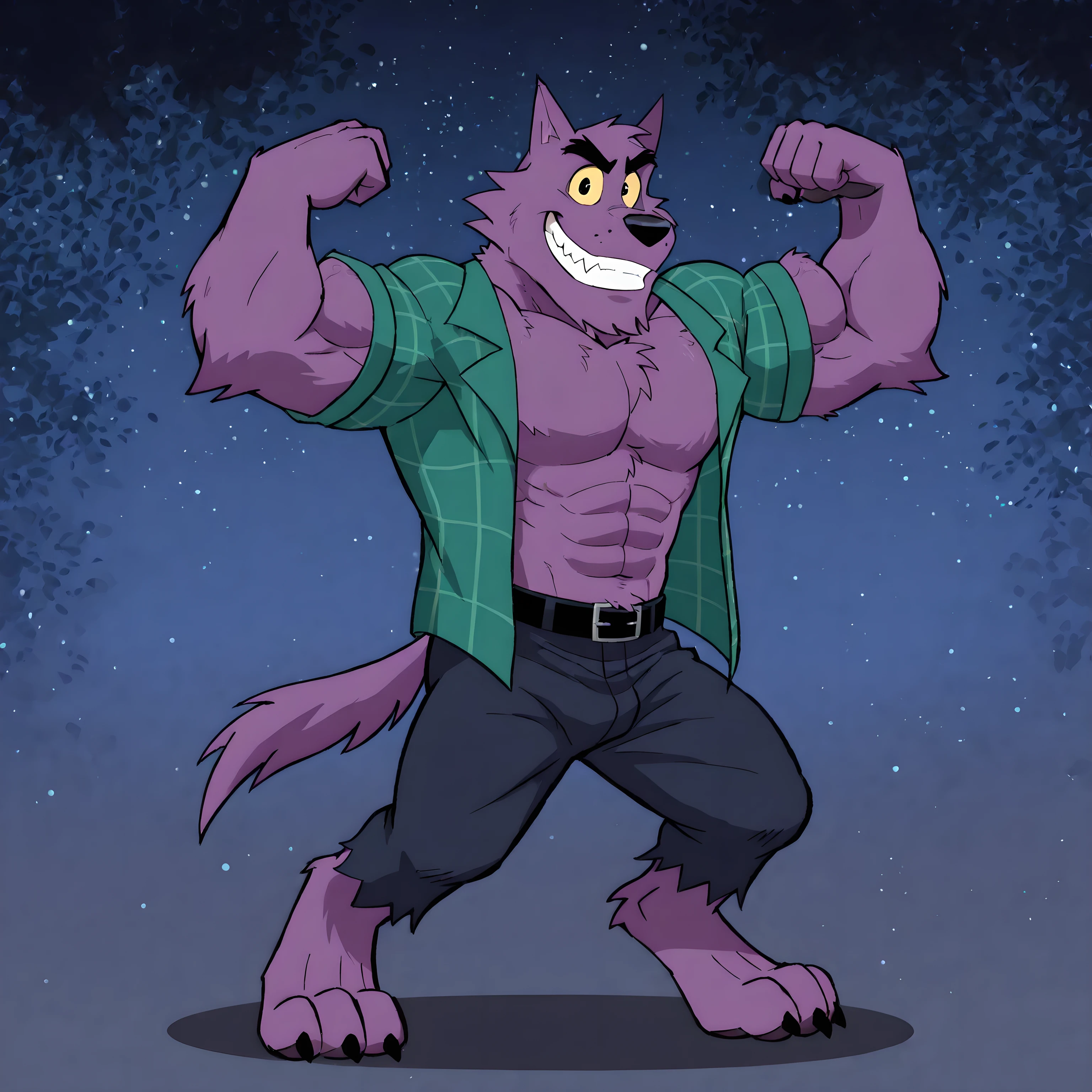 Bernard, Bernard_Mettle, werewolf, purple fur, yellow sclera, teal flannel shirt, furry chest, black belt, dark blue pants, barefoot, muscular, flexing, grin, proud, strong, night background