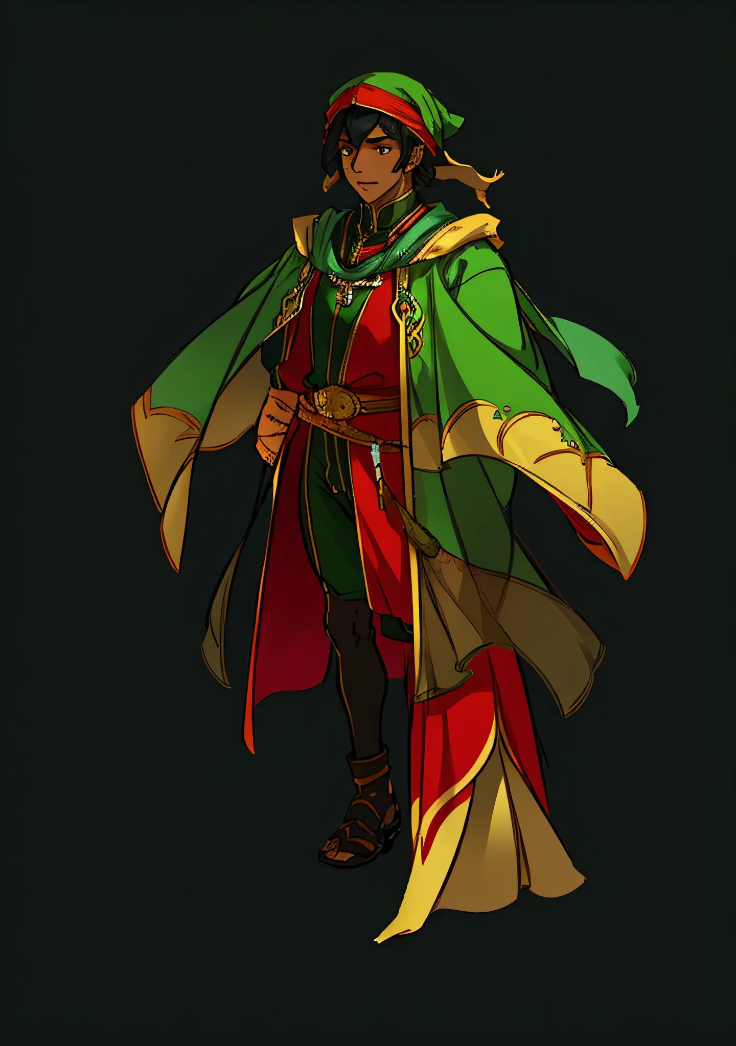 arafed image of a man in a red and green outfit, inspired by Rajmund Kanelba, new costume concept design, black turban, black skin, d & d style full body portrait, unrealistic character concept, full body character concept, full body concept, complex fantasy character, concept character, detailed full body concept art, character concept, full body dnd character portrait, detailed full body concept