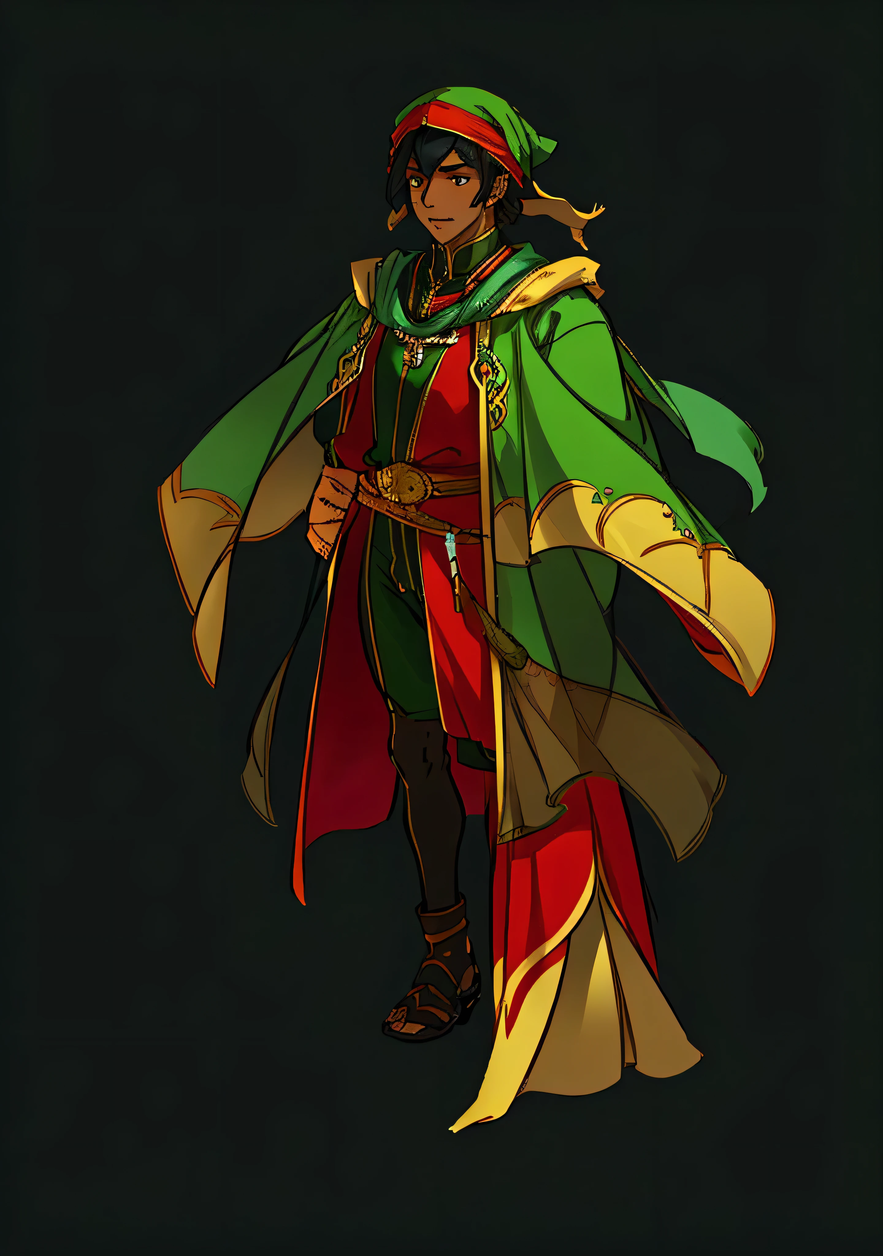 arafed image of a man in a red and green outfit, inspired by Rajmund Kanelba, new costume concept design, black turban, black skin, d & d style full body portrait, unrealistic character concept, full body character concept, full body concept, complex fantasy character, concept character, detailed full body concept art, character concept, full body dnd character portrait, detailed full body concept