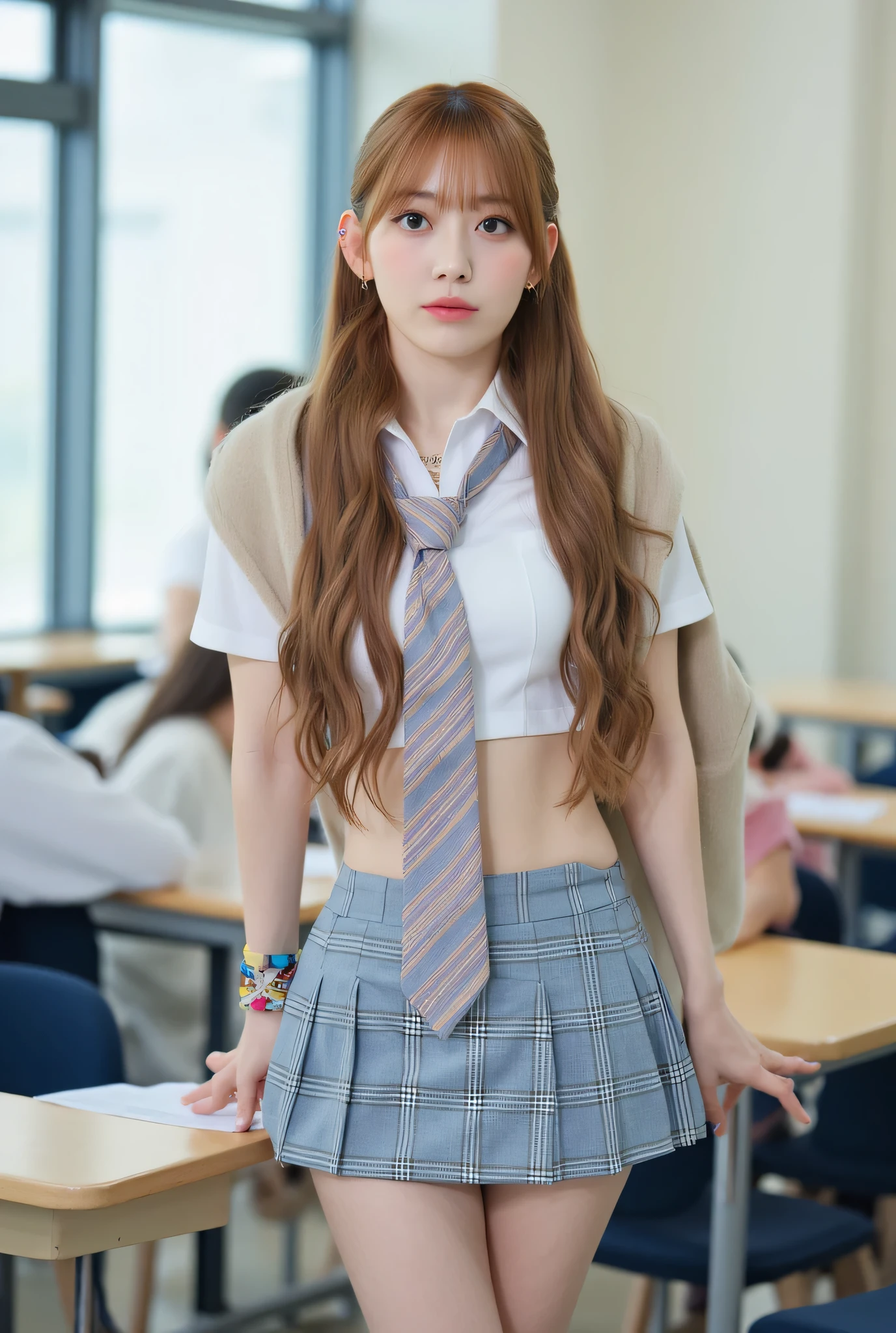 Best quality, 8k, masterpiece, super high resolution, (photorealistic: 1.4), RAW photo, (Caramel Hair、Bright and long hair ), (sexy school uniform:1.2),(school uniforms:1.3), (beige solid-color clothes around waist:1.5), (knot on waist:1.3), (white collared-shirt:1.4),slim abs: 1.1, (((standing leaning forward in Classroom with legs spread + chest))), ((white collar, unbutton, short sleeve):1.2),((Beautiful breasts)),((wearing a tie with horizontal stripes in cyclamen pink and grey)),((wearing loose socks)), (Light blue and grey plaid-pattern pleated-skirt:1.3), ((bare stomach, navel, collarbone, emphasize breast cleavage):1.4), ((necklace, colorful bracelet, X hair ornament):1.2),((Full body image)), ((School classroom)),((You can see her belly button)),