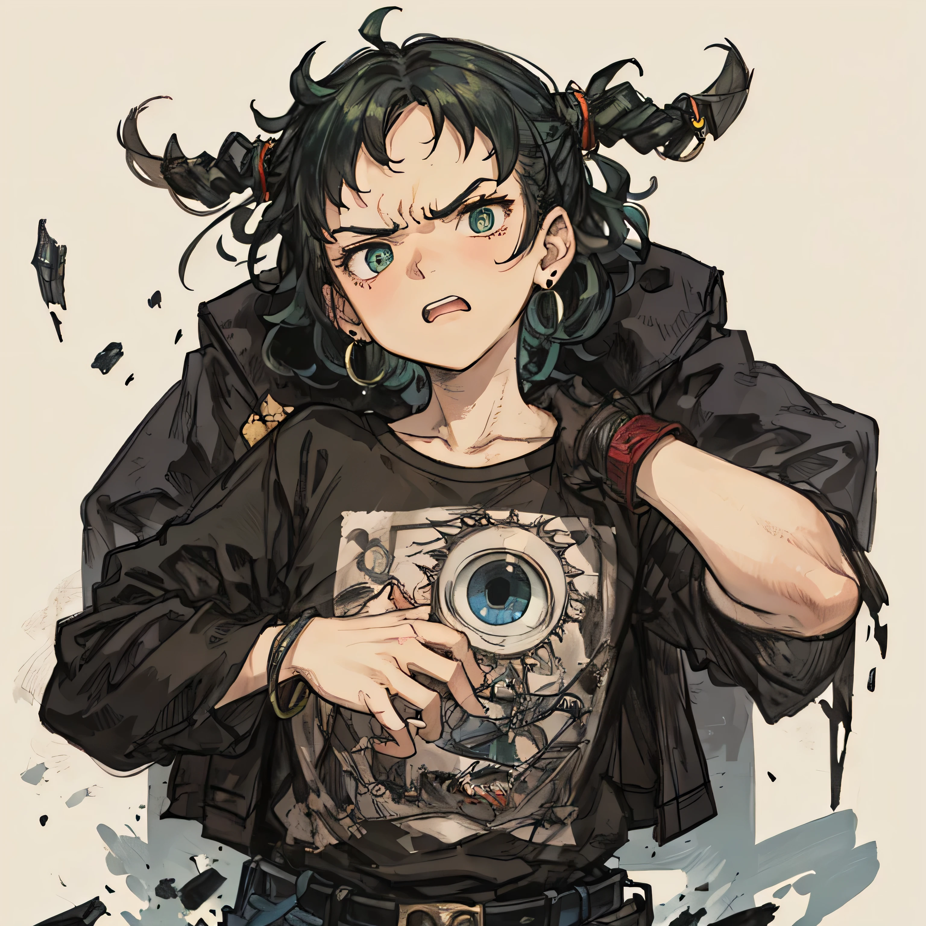 A boy, mohicano, curly hair, green and blue, wrecked cars, The boy standing, 1.70m, thin, earrings, angry,  braid, t-shirt,  Precise, look of empowerment, Very detailed, HD model, Fish eye, Motion blur, impressionism, 