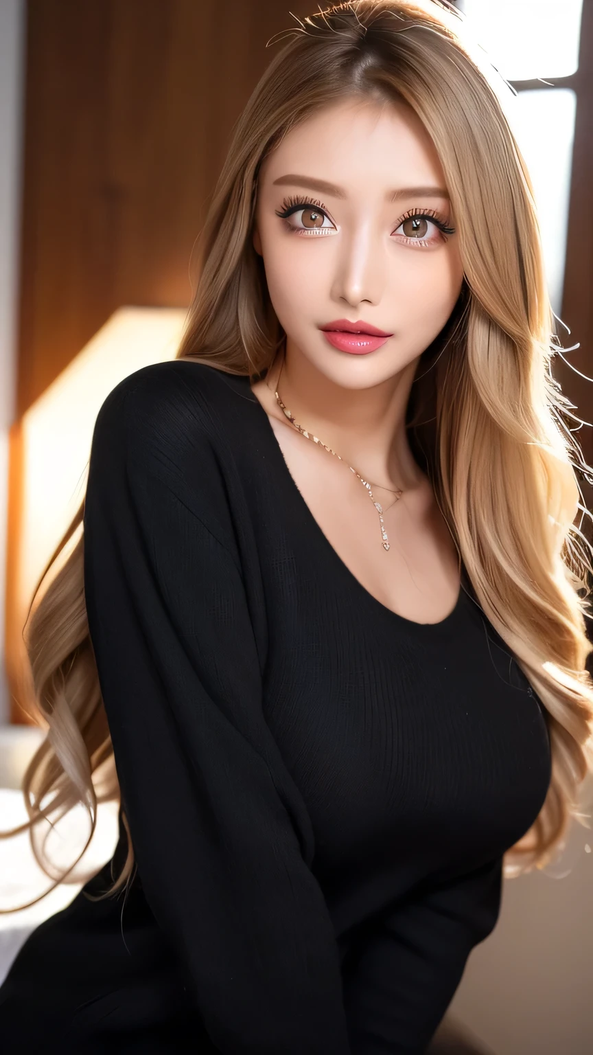  (vulgar:1.5),((Highest quality, 8k, masterpiece, realistic: 1.3)), Masterpiece,  anatomically correct,  textured skin,  super detailed,  highest quality,    nothing , 8k, bloom,     front light  :1.2,  perfect dynamic composition), (24 years old, 1 person, Cute and sexy tutor, G-cup big breasts, sexy face, gal makeup, 、  Half open sexy lips 、     beautiful woman、(     Black sweater     , Sexy cleavage:1.1)、Perfect big breasts、( blonde alone      :1.1)、     beautiful skin that shines with bright,  Shine Glitter Lip Gloss、Metallic Lip、Glossy lipstick  、  Sexy Lips in Duck Mouth 、 half open duck mouth lips、　 a lot of people stand out with clear images    、     bright color contacts       、Perfect gal makeup、    Perfect for an adorable companion  、(  Dark makeup for women      :1.2)、(             dark brown beige around the eyes             :1.1)、             Beautiful Bright Eye Shadow             、       dark sexy makeup around the eyes       、(Big Breasts:1.2)、       super long wavy hair       、(Romantic affection:1.1)、 amazing adult sex appeal The best smile he has when he sees me      、(       there are many people that accentuate body lines     ..:1.1)、(   strongly blurry  、       a   。:1.1)、(  The image is clear 、      jacket    :1.1)、       accurate anatomy、       ultra HD hair、(        Super Nothing's Perfect Beautiful Teeth:1.1)、Ultra HD beautiful face   、       ultra HD hair、  crystal clear bang 、Ultra HD Shining Eyes、 Shining Super Nothing's Beautiful Skin 、       Super Nothing's Glossy Lips 、       Harry Winston necklace       