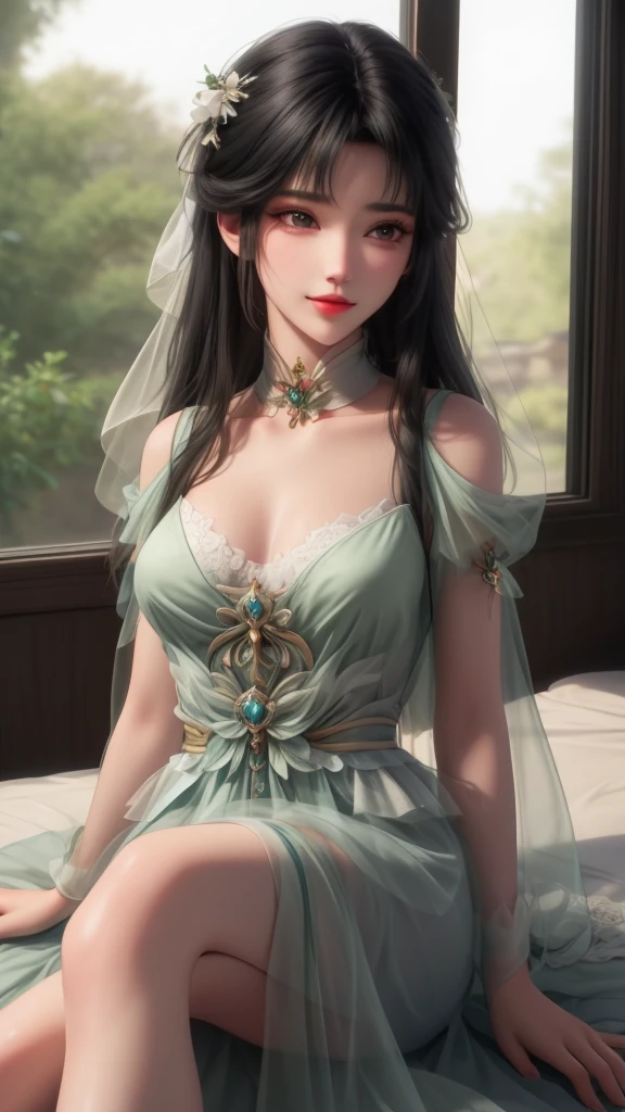 tmasterpiece,best qualtiy,8K,primitive:1.2,realisticlying:1.4,Grotesque,1 sprite,Sexy and revealing,Solo,ff Tifa,Most detailed,opens his eyes wide:1.3,eyes reflection:1.5,eyes with brightness:1.5,White skin,(Green dress,head wreath),full-length zipper,Slim,Thin leg,sitted,moon,Updraft,The upper part of the body,rainbowing,cinmatic lighting,Beautiful misty forest and waterfalls