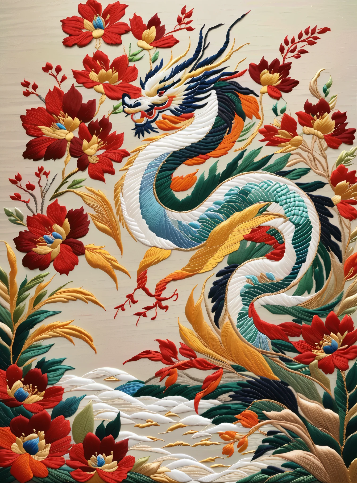 (Embroidery work), graceful dragon, background and: plants, spray, traditional Chinese color, low saturation, level composition, leave space, silver silk thread, shiny silk thread, silk thread texture, delicate needlework, bright and shiny Suzhou embroidery, new Gong brush, Chen Jialin, texture matte, dazzling light and shadow, Song Huizong,