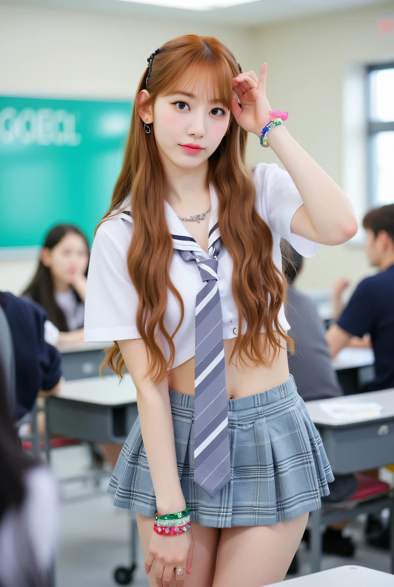 Best quality, 8k, masterpiece, super high resolution, (photorealistic: 1.4), RAW photo, (Caramel Hair、Bright and long hair ), (sexy school uniform:1.2),(school uniforms:1.3), (beige solid-color clothes around waist:1.5), (knot on waist:1.3), (white collared-shirt:1.4),slim abs: 1.1, (((standing leaning forward in Classroom with legs spread + chest))), ((white collar, unbutton, short sleeve):1.2),((Beautiful breasts)),((wearing a tie with horizontal stripes in cyclamen pink and grey)),((wearing loose socks)), (Light blue and grey plaid-pattern pleated-skirt:1.3), ((bare stomach, navel, collarbone, emphasize breast cleavage):1.4), ((necklace, colorful bracelet, X hair ornament):1.2),((Full body image)), ((School classroom)),((You can see her belly button)),