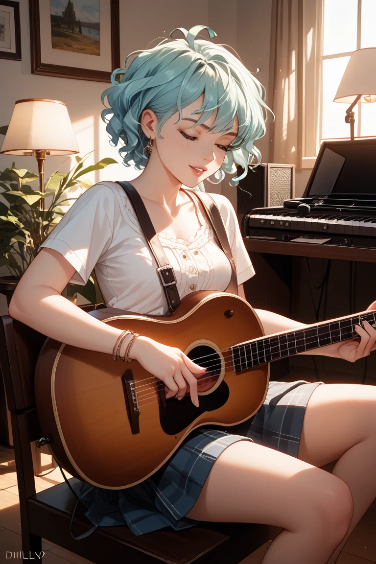 An optimistic one,Beautiful girl in light blue short skirt playing folk guitar by the windowsill in cozy dark room,It was raining outside,The road is full of people