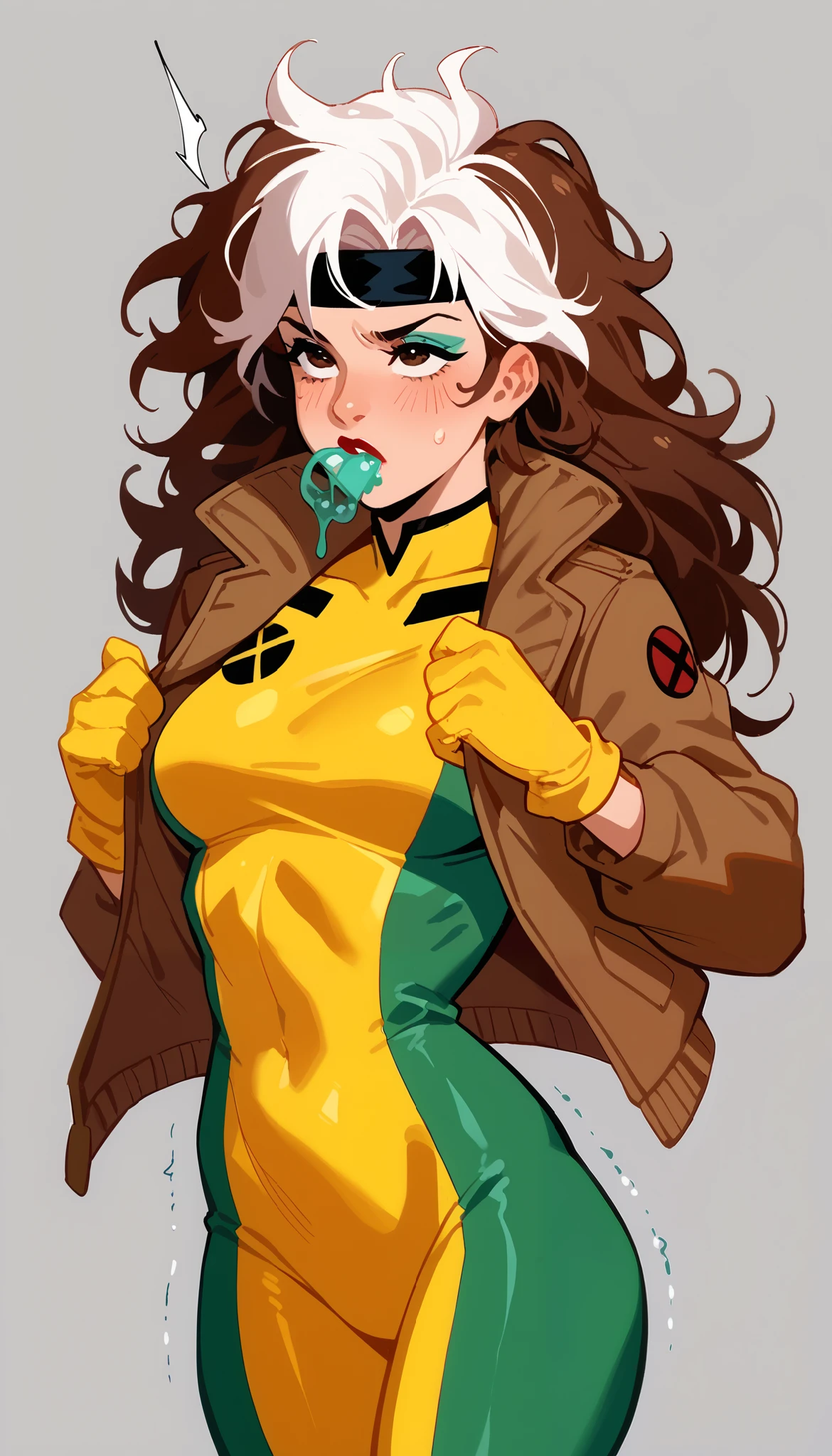 ((masterpiece,best quality)), {Retro_Cartoon_Lora : X-Men_97_LoRA } {} { (r0g0e0, solo, gloves, jacket, white hair, long_hair, brown hair, multicolored hair, two-tone hair, bodysuit, makeup, headband, lipstick, , official style, yellow bodysuit } { perfectly shaped breast : perfectly fit body } {standing : mouth_stretch_open : slime entering mouth, slime in mouth , sweating, rolling_eyes , trembling } { } { sweating } { arms_behind_head } : inside a dark, messy bedroom : }