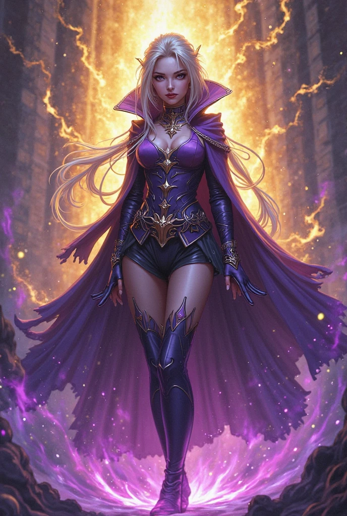 Full body portrait of one extremely beautiful blonde young woman, perfection, tall, huge breasts, impressive cleavage, powerful, determined, confident, powerful sorceress walking down stairs, charismatic badass, omnipotent, very sensual, very sexy, (wearing a sophisticated noble sexy black dress), in a medieval fantasy setting, rich magical academy hall, masterpiece, dynamic intense lighting, epic shot, highly detailed, eloquent shot, large shot, ((surrounded by purple magic intense energy)), high heels, naked thighs, short skirt, long sophisticated stockings, extremely powerful and intense, power fantasy, eloquent pose, dramatic pose, slim, fit, athletic