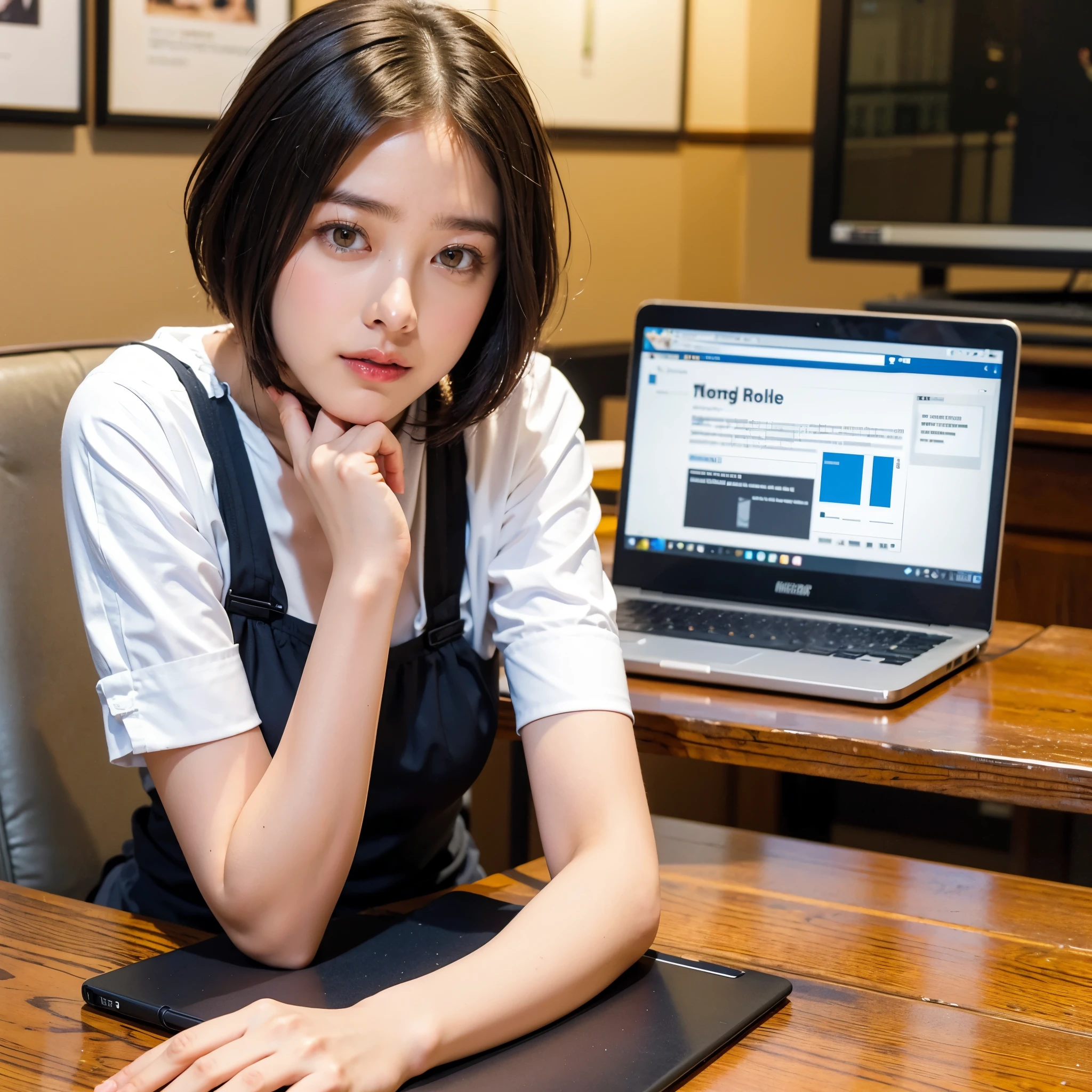 JS_NEWS,Major News,Laptop on the , sitting near the table, 1 girl,Laptop on the table, documents on the table ,very short bob hair, droopy eyes:1.5, Very thin:1.5