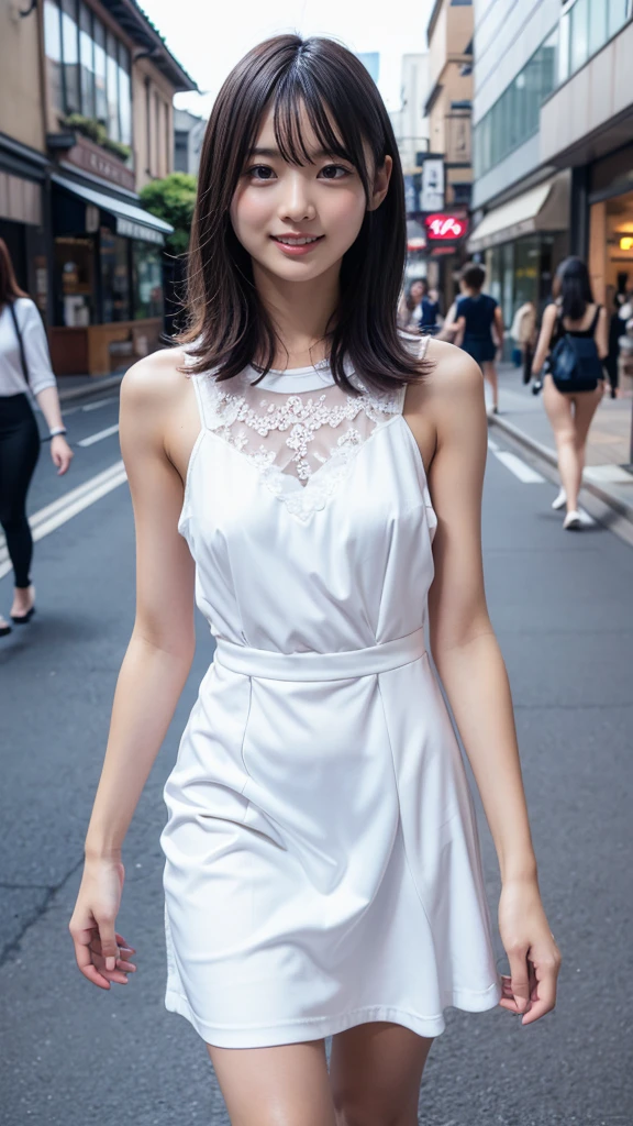 ((1 girl)), Very beautiful Japanese idol portraits, (RAW Photos, Highest quality), (Realistic, Realistic:1.4), (masterpiece), Very delicate and beautiful, Very detailed, 2k wallpaper, wonderful, finely, Very detailed CG Unity 8K 壁紙, Very detailed, High resolution, Soft Light, Beautiful detailed girl, Very detailed目と顔, Beautiful and detailed nose, finelyて美しい目, Cinema Lighting, (Simple light color background:1.3), (Long Hair), (Parted bangs), Complete Anatomy, Slender body, Small breasts, smile, ((Full body shot)), , (White chemise),(Panty lines),Sexy pose,Vibrant,((secretary)),Slender,(Long legs),(White long slip skirt),((race)),Thin silk-like,
