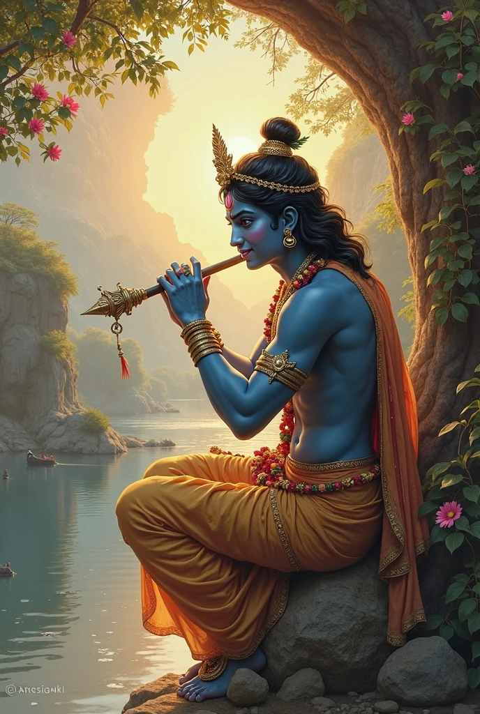 Lord krishna with full. Black tone sittinf on rock in a dusky red hot climate with a smile with a flute in his one hand with an amzing aura