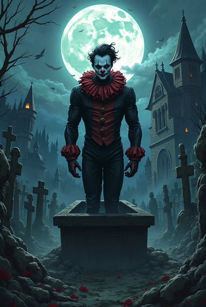 A sexy young male with teal blue eyes and long black hair, with nice and delicate facial features, he is a scary clown. in a graveyard. Blood pouring down. Raining blood from the sky. Despair. (Male) masterpiece, best quality, ultra-detailed, best shadow), (detailed background), (beautifully detailed face), high contrast, hyper detail, intricate details. red sky. one red moon. corpses everywhere.(Gloomy effect) Dark. Black. Darkness. Anime style.