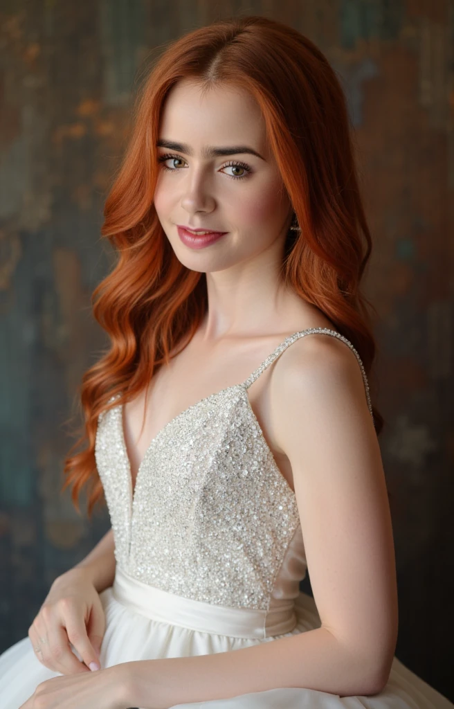 Realistic full body photo of a smiling red-haired young girl with long hair, ponytail hairstyle, She dances in front of the camera in a long A-line wedding dress with straps made of shiny satin., Park,glamour fotoshooting, Wedding celebration, perfect anatomy, perfect green eyes. Perfect hands with 5 fingers on each hand, Matching girl, looking at the camera, 1 Frau. (Eye make up:1.1), (highly detailed skin:1.1), spirit, analog style, keen focus, 8K UHD, dslr, good quality, Fujifilm XT3, Grain, Award-winning, masterpiece. Wedding celebration