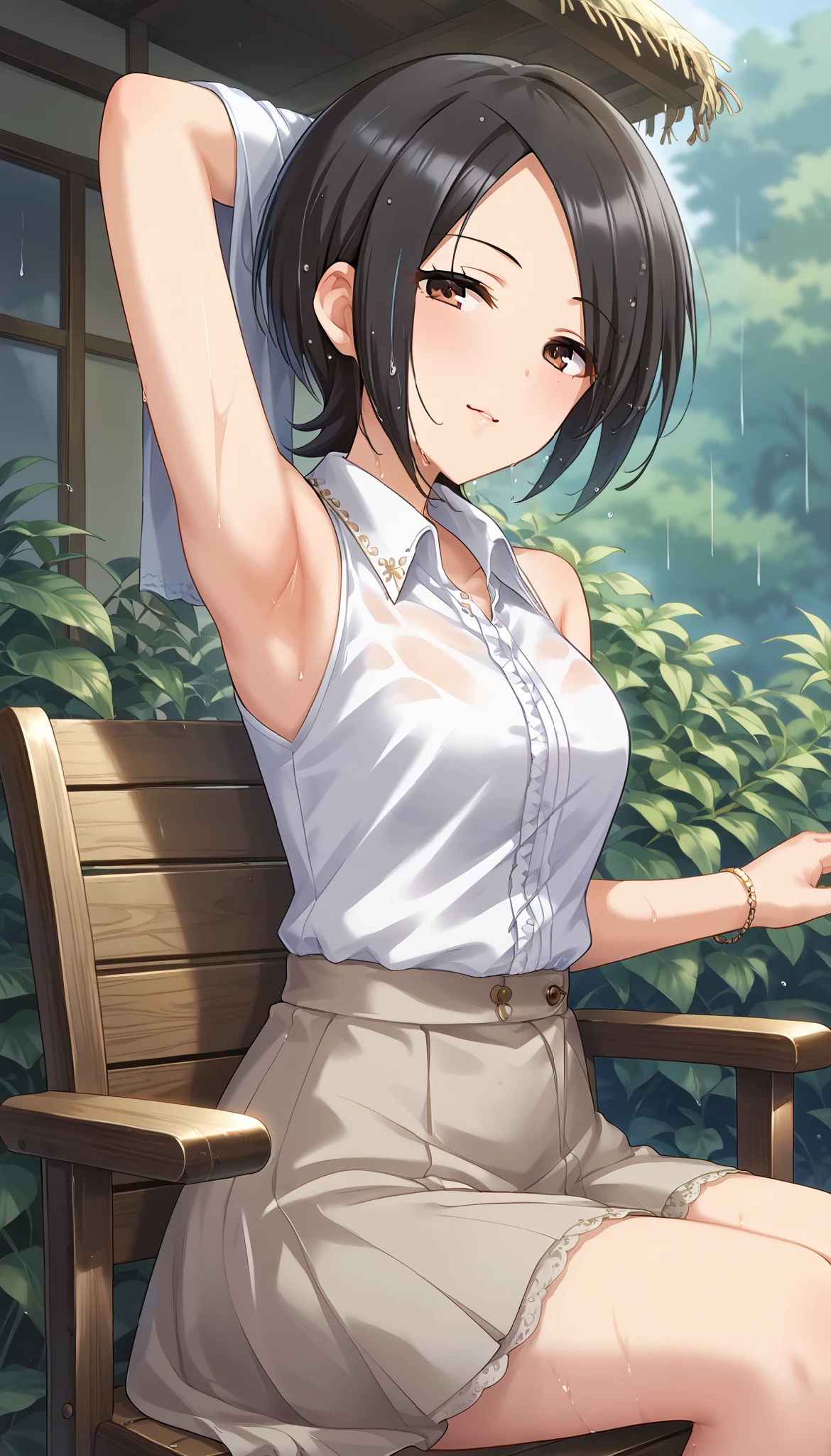 Tougou Ai、 white sleeveless shirt in the style of Watanabe Akio、black miniskirt、arm up pose、chair、 is embarrassing、rain、Outdoors、 wet body 、 Ulchan-6500-v1.1, ( RAW photos :1.2),  beautiful detailed , very detailed目、Brown Eyes 、 The file size is large, Hi-Res, very detailed, Highest quality, [masterpiece:1.6], Awareness-raising, very detailed, CG, finely, Highest quality, 8K wallpaper,  Perfect Body 、躍動感、very detailed、short hair、 black hair、Slim and beautiful thighs