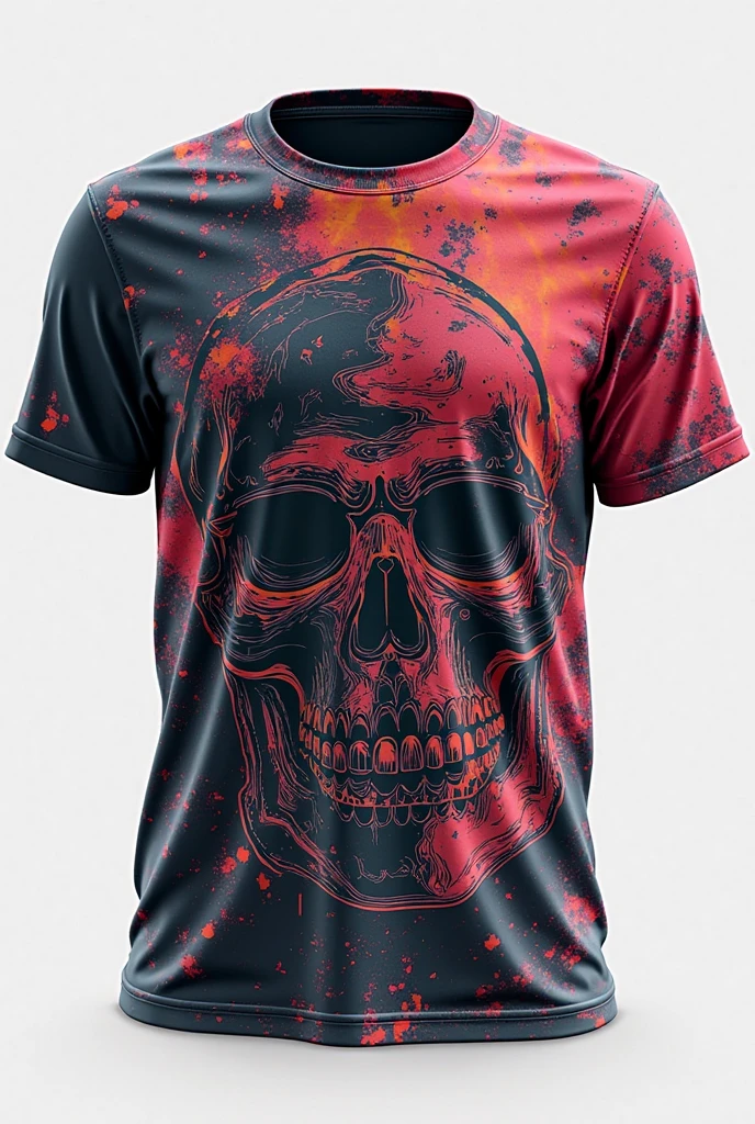 Generate a sports jersey, that has details of skulls, In the flannel the light gray color predominates accompanied by the following orange colors, fuchsia, red wine, dark blue