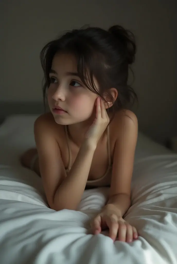 (blowjob)(Cumslut)(Cum on lips)(cum) topless Asian teen in skirt on bed making eye contact, kneeling on all fours, exposing small breast, pushing chest out, puffing up chest,  deep breath, close up, mouth slightly open