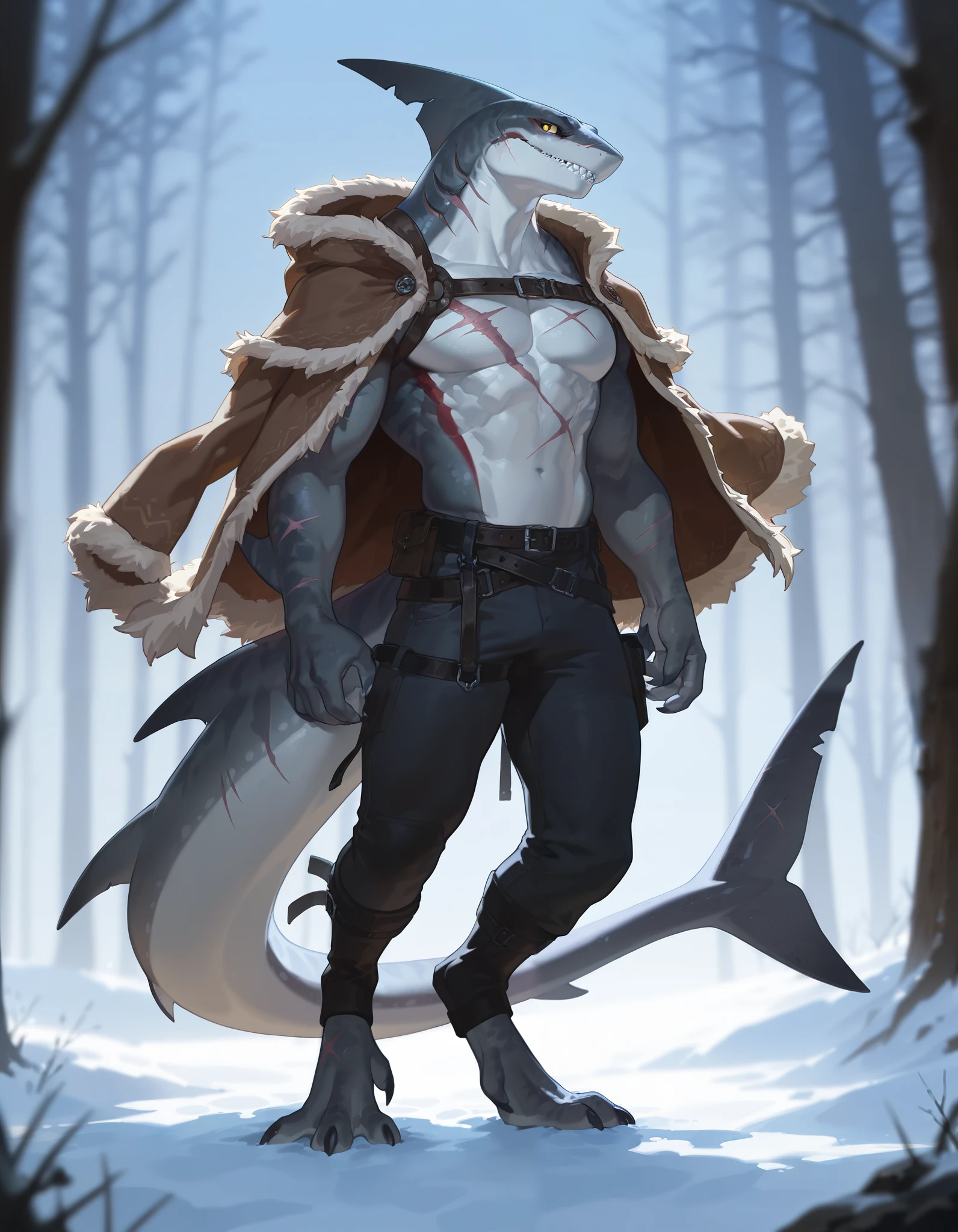 masterpiece, best quality, amazing quality, very aesthetic, absurdres, newest, scenery, extreme detail, 8k, detailed eyes, yellow eyes, by Riolutiny, anthro, shark, male, scalie, anthro shark, anthro megalodon, hunk, gray body, strong hands and fins, black back, solo, bara, detailed skin, scars, lizard shark hybrid, thick tail, hunter, detailed scales, muscular, digitigrade legs, thick legs, proporcional body, wide , buffed muscular torso, trapezoid body type, marked jaws, thick shark tail, masculine, thick scales on arms and legs, muscular legs, proporcional body, wide , trapezoid body type, wearing pants, wearing armless scalie , system of belts and bags across the , wearing fur mantle covering shoulders and torso, marked jaw, scars on body and arms, winter forest background, looking at viewer, front view,