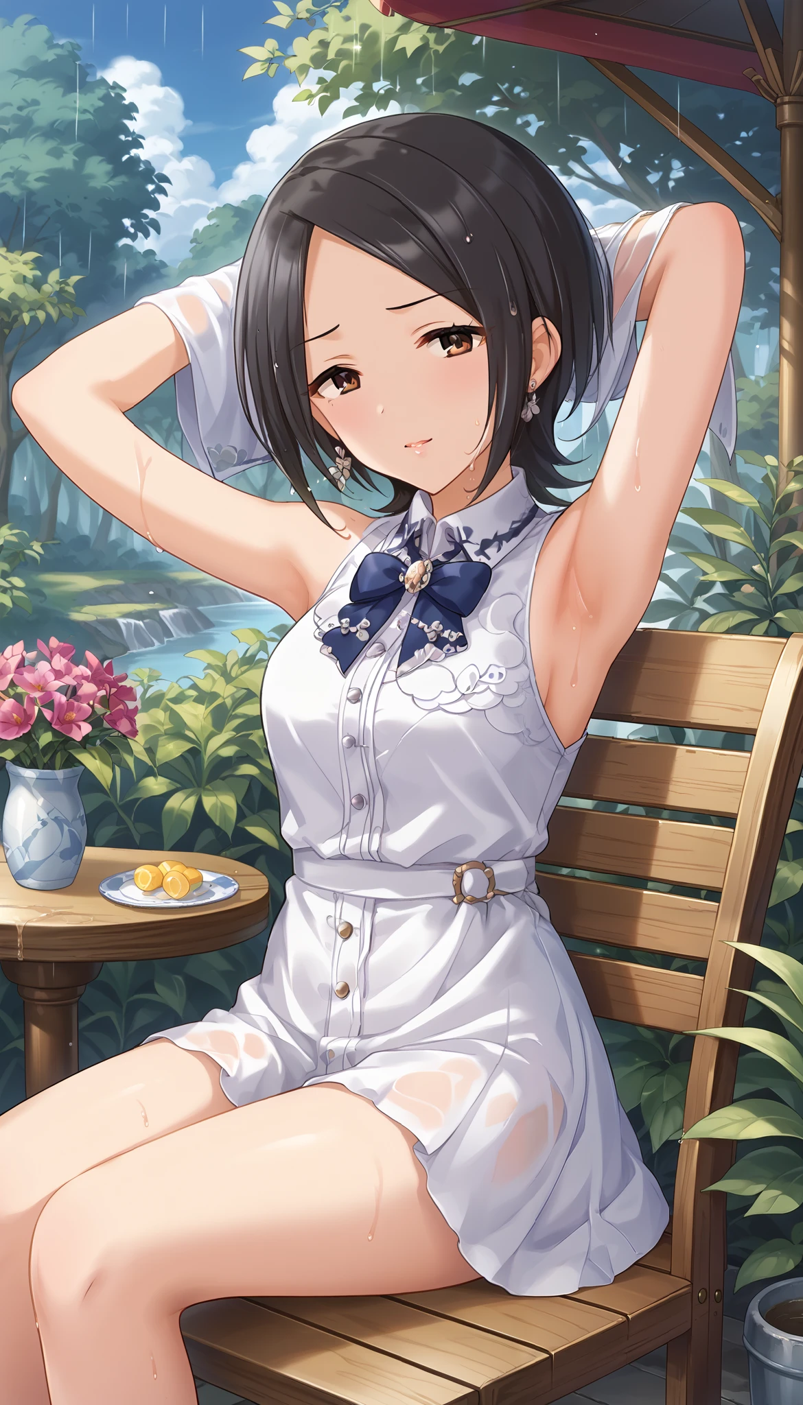 Tougou Ai、 white sleeveless shirt in the style of Watanabe Akio、black miniskirt、arm up pose、chair、 is embarrassing、rain、Outdoors、 wet body 、 Ulchan-6500-v1.1, ( RAW photos :1.2),  beautiful detailed , very detailed目、Brown Eyes 、 The file size is large, Hi-Res, very detailed, Highest quality, [masterpiece:1.6], Awareness-raising, very detailed, CG, finely, Highest quality, 8K wallpaper,  Perfect Body 、躍動感、very detailed、short hair、 black hair、Slim and beautiful thighs