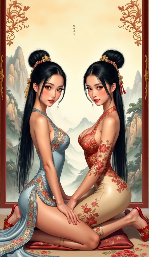 (best quality,ultra-detailed,realistic:1.37),(Korean:1.1)(beautiful detailed dress,adult,woman,detailed description),(beautiful detailed woman,beautiful Chinese background,exposed collarbone),(black eyes,natural eyes,realistic facial features,beautiful leg line),(sexy,full body photo,realistic body proportions,accurate eye ratio),(frontal photo,realistic and slender face)