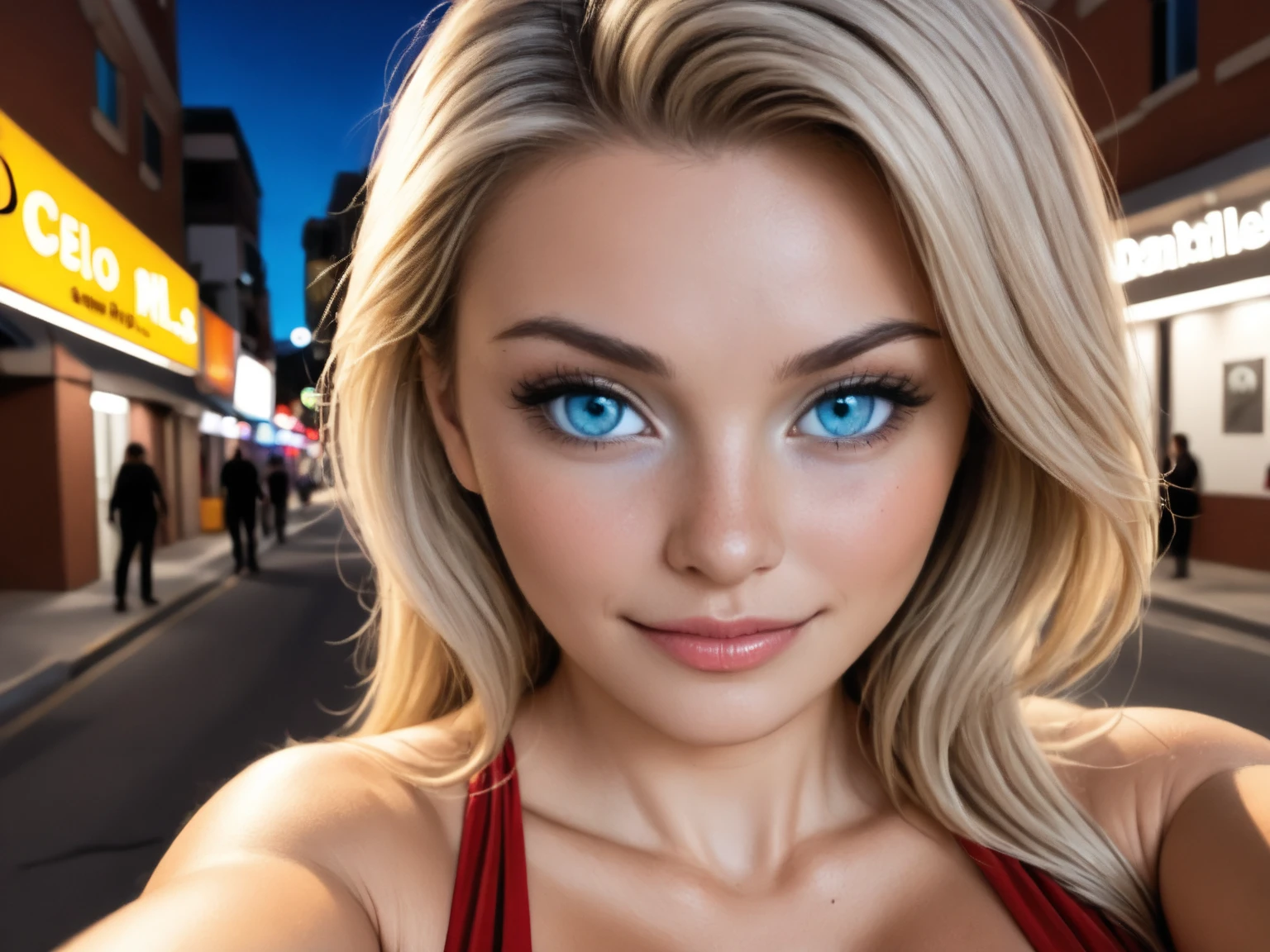 (selfie, top view: 1.4), (straight half of the body: 1.4), RAW UHD portrait photo of a 24-year-old blonde (blue-eyed woman) walking down a dark alley, huge breasts:1.25,, city at night,