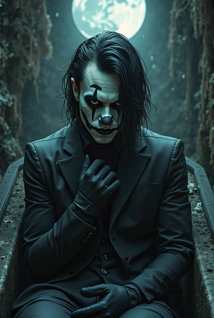 t shirt design, ((black backdrop)). "the joker". The character is in the middle of a dark street, with a bright green light shining on it. (( the joker V.Dear de TI, White face with black makeup )), The background is black with smoke. Wearing a the joker Costume. The character is wearing a black overcoat, jeans. He has long black hair and wears black makeup., makeup with just one line on each eye. face detailed, intricate. 真实感: The generated artwork must be realistic and highly detailed. lighting: A lighting deve ser cinematográfica, with a bright green light shining on the character. fund: The background should be black with smoke. lighting cinematográfica. 