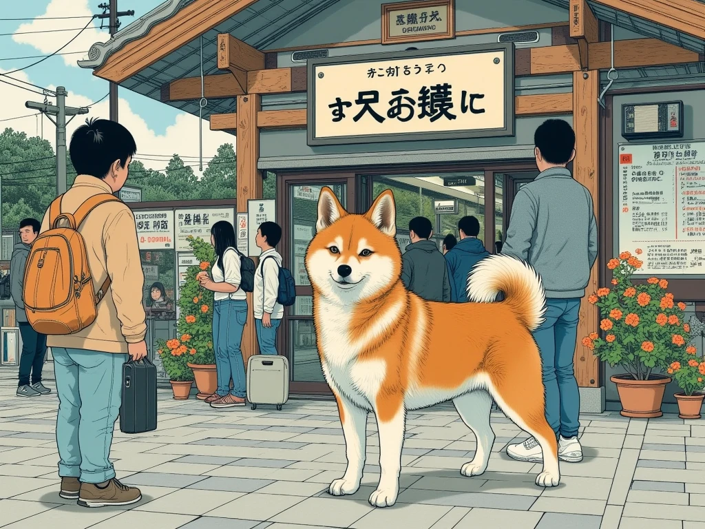 (Vector Art, masterpiece, best quality, amazing quality, great detailed, highly detailed, highres, Intricate, delicate), An Akita dog waits for its owner to return in front of the busy entrance of a large Japanese station.