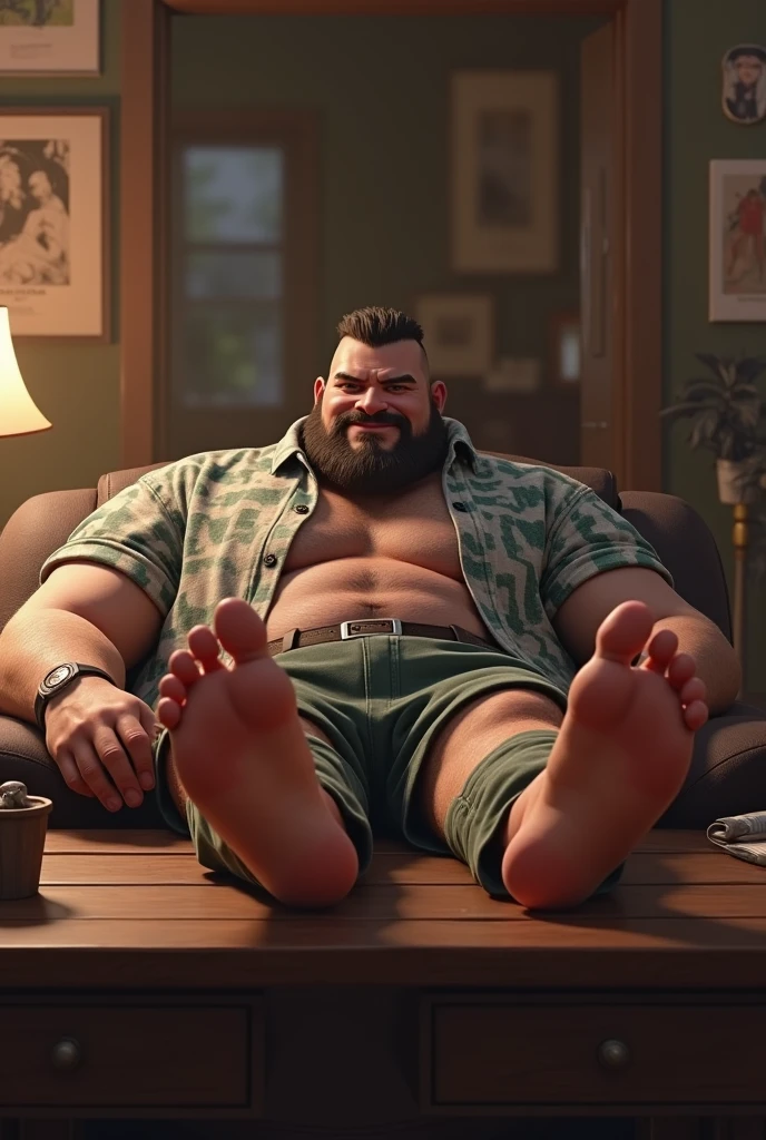 a photo of handsome fat man showing his wide beefy feet soles, foot_focused, wearing black boxer-shorts, green field photo, sitting in wild grass field, feet up, barefoot, toes, soles, long legs, bent knees, spread legs pose, composition is awesome