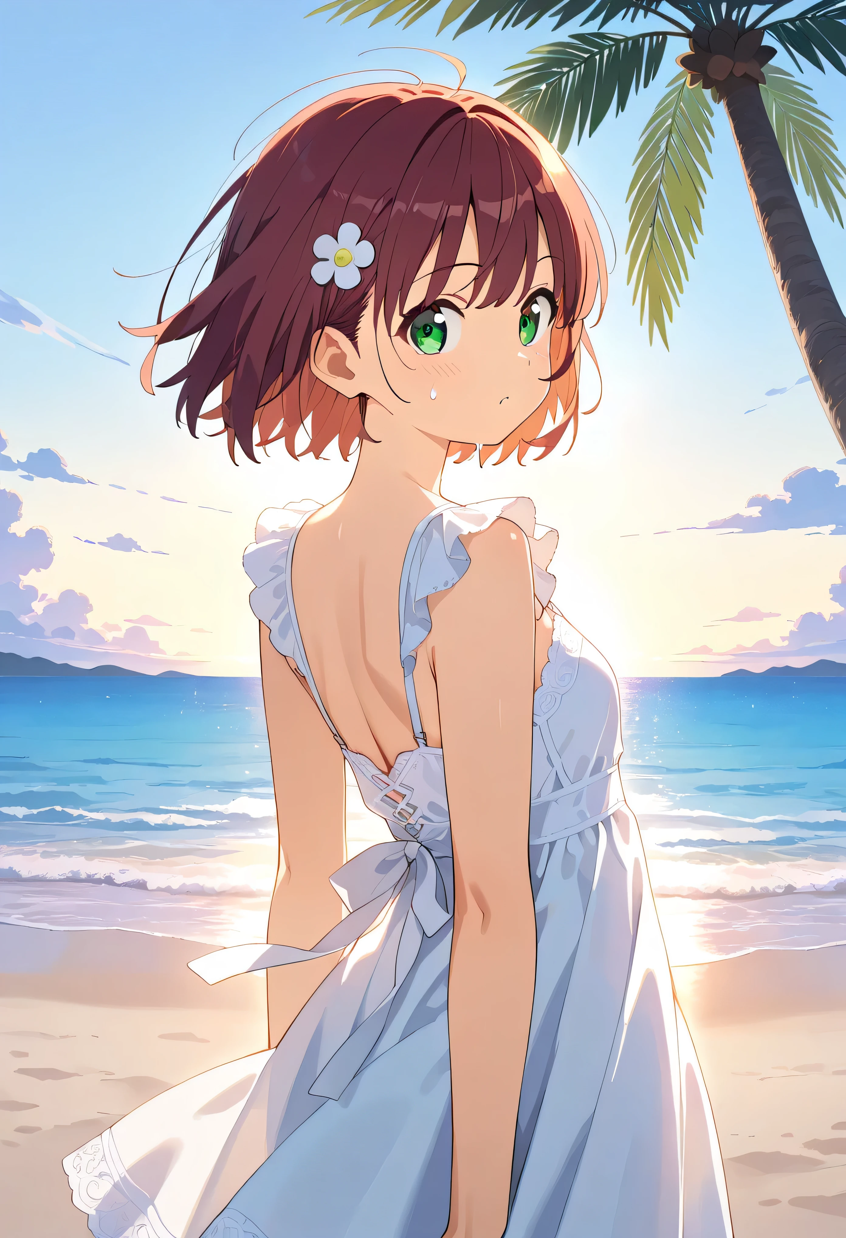 Anime girl in a blue dress standing on a beach with a palm tree - SeaArt AI